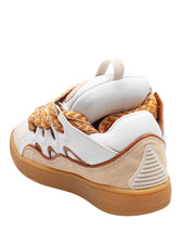 LANVIN CURB LEATHER AND FABRIC SNEAKERS, WHITE AND HONEY