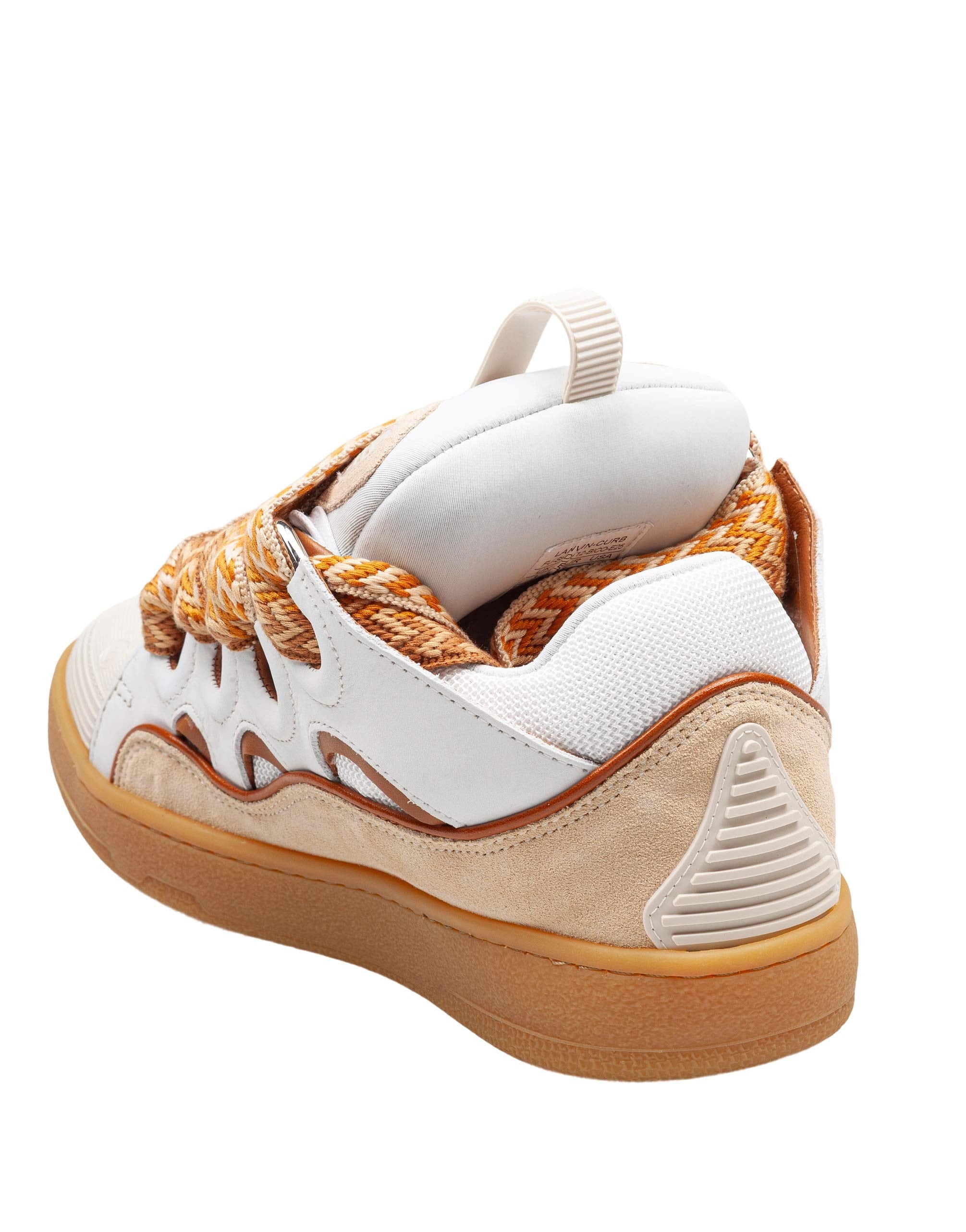 LANVIN CURB LEATHER AND FABRIC SNEAKERS, WHITE AND HONEY