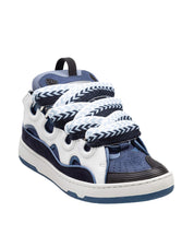 LANVIN CURB LEATHER AND FABRIC SNEAKERS, BLUE AND BLACK