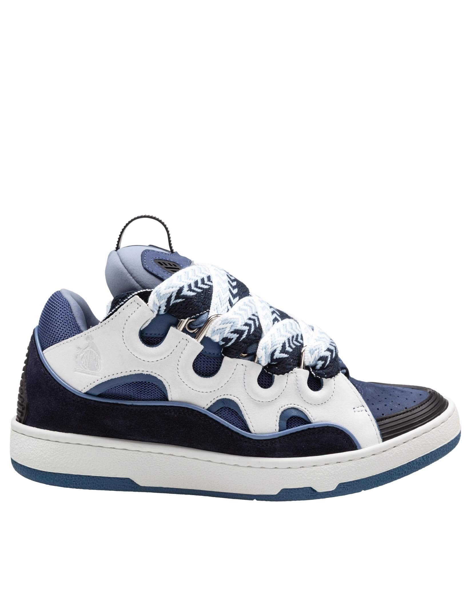 LANVIN CURB LEATHER AND FABRIC SNEAKERS, BLUE AND BLACK