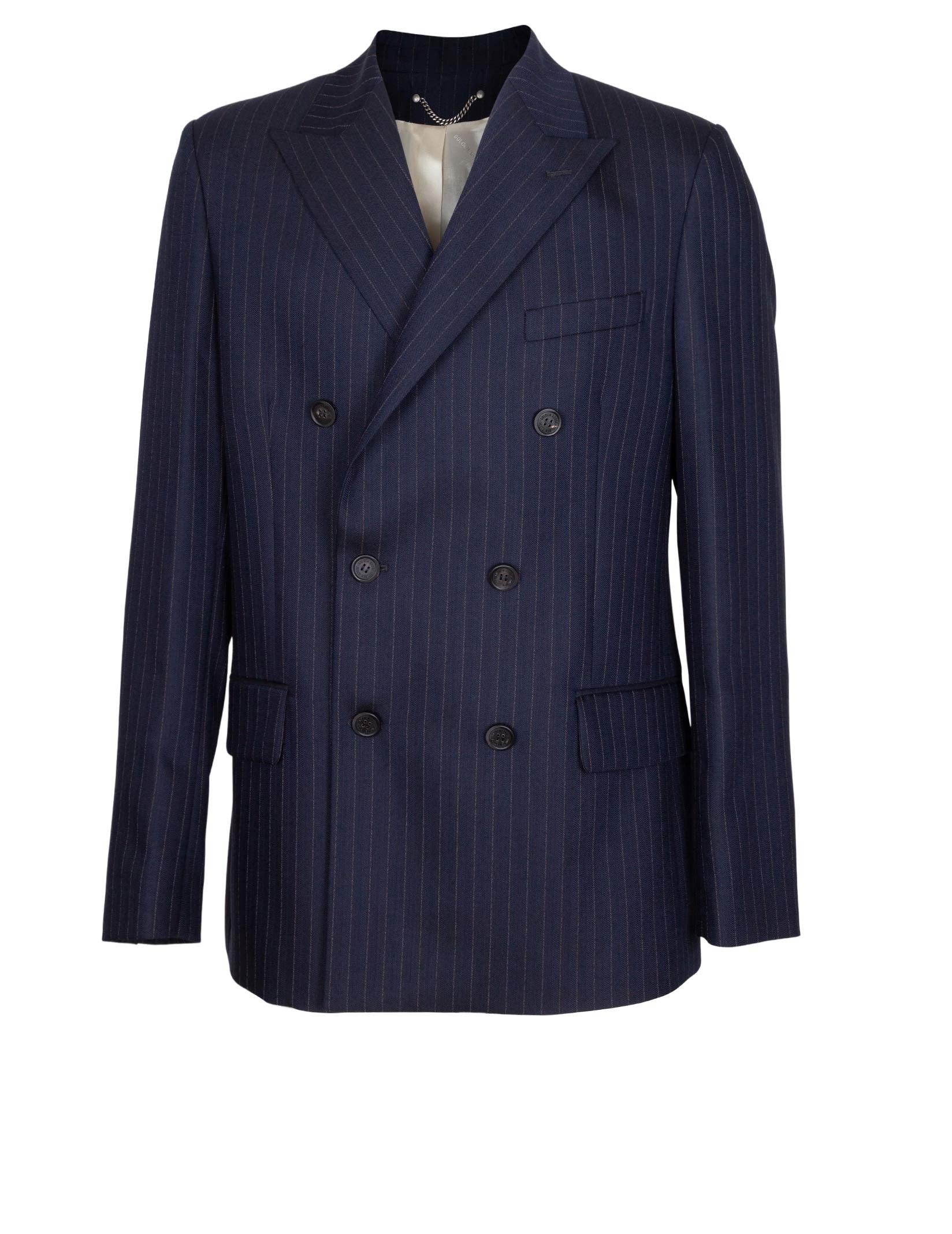 GOLDEN GOOSE JOURNEY DOUBLE-BREASTED PINSTRIPED WOOL JACKET, BLUE