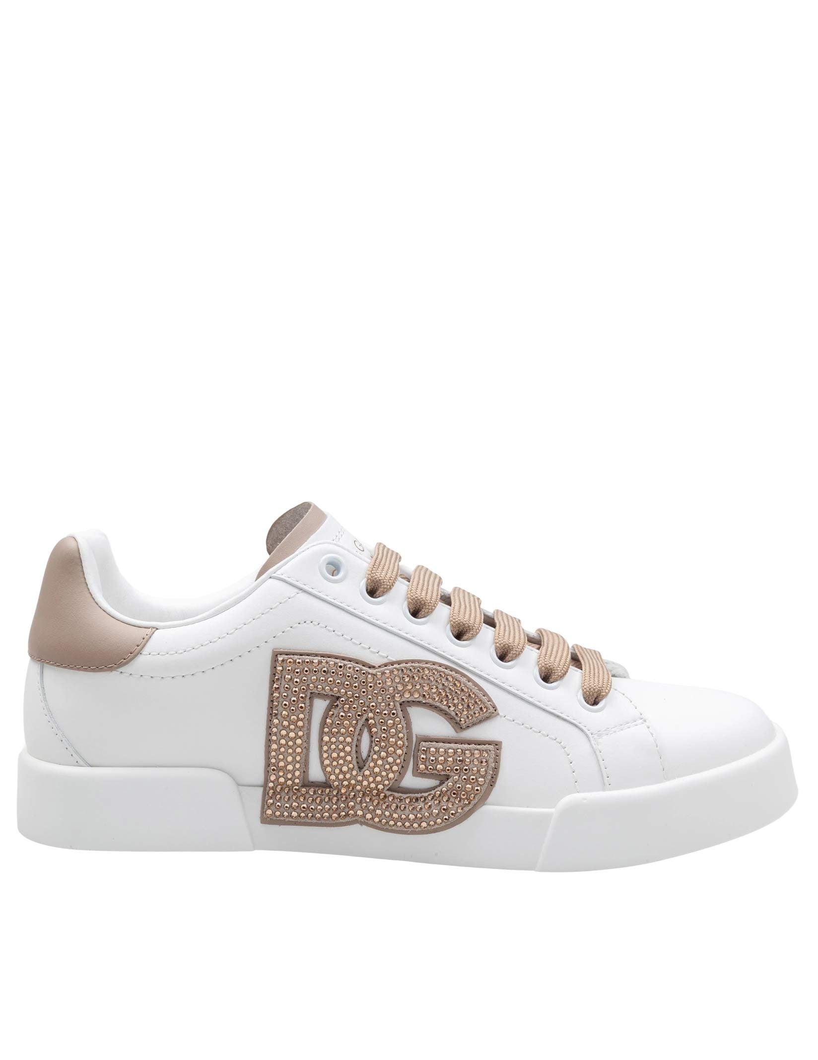 DOLCE & GABBANA PORTOFINO LIGHT LEATHER SNEAKERS WITH DG LOGO, WHITE/TAUPE