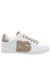 DOLCE & GABBANA PORTOFINO LIGHT LEATHER SNEAKERS WITH DG LOGO, WHITE/TAUPE