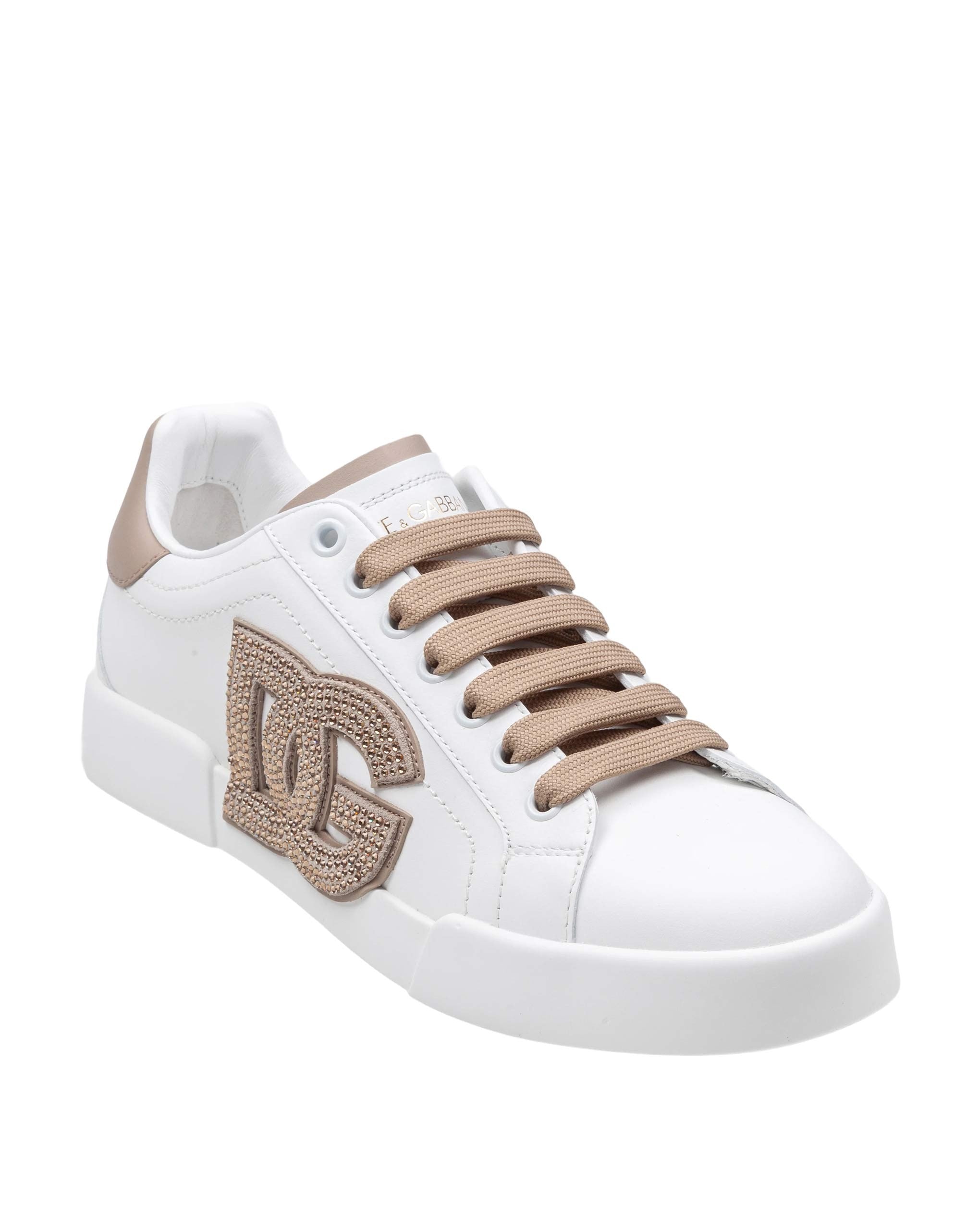 DOLCE & GABBANA PORTOFINO LIGHT LEATHER SNEAKERS WITH DG LOGO, WHITE/TAUPE