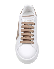 DOLCE & GABBANA PORTOFINO LIGHT LEATHER SNEAKERS WITH DG LOGO, WHITE/TAUPE