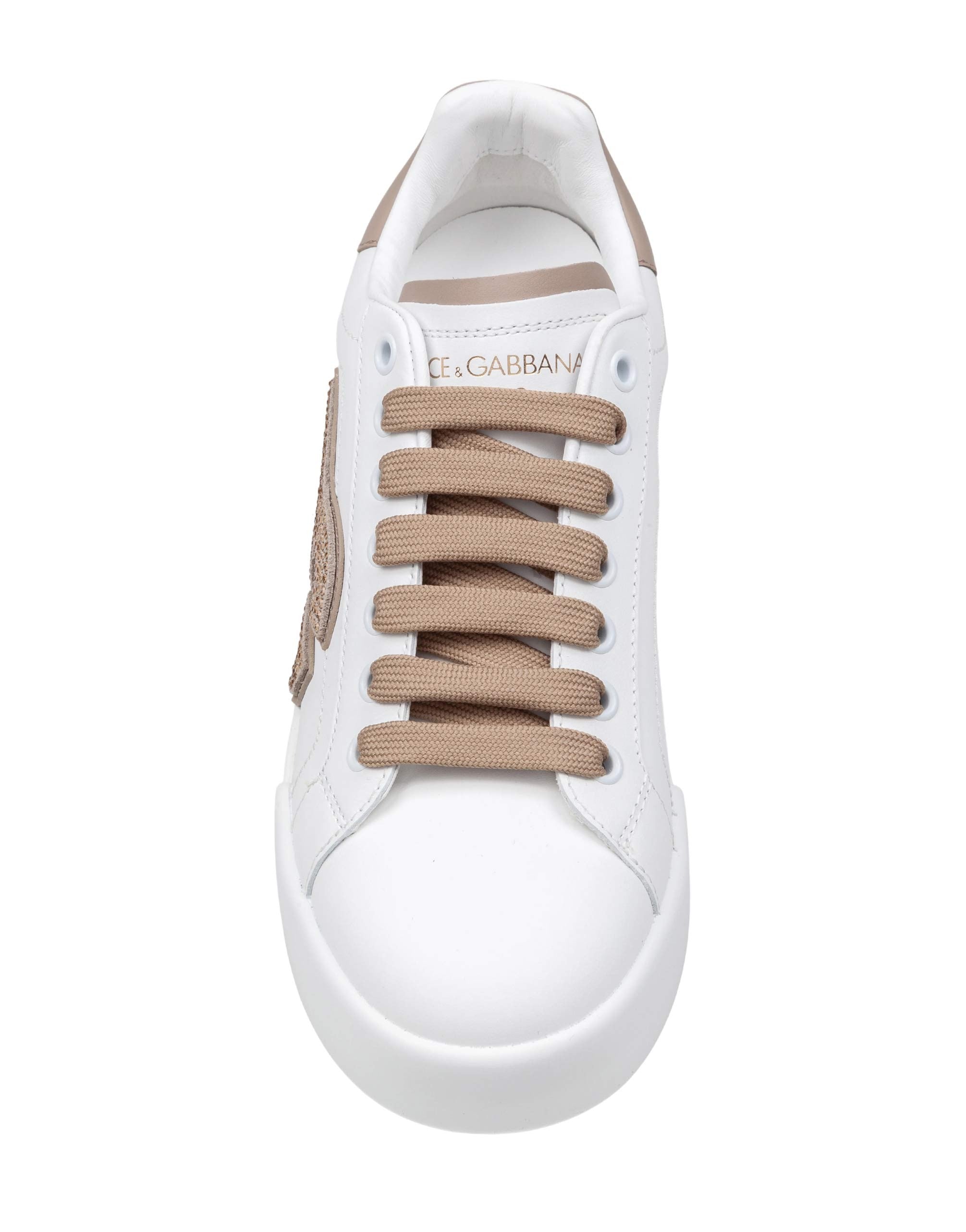 DOLCE & GABBANA PORTOFINO LIGHT LEATHER SNEAKERS WITH DG LOGO, WHITE/TAUPE