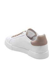 DOLCE & GABBANA PORTOFINO LIGHT LEATHER SNEAKERS WITH DG LOGO, WHITE/TAUPE