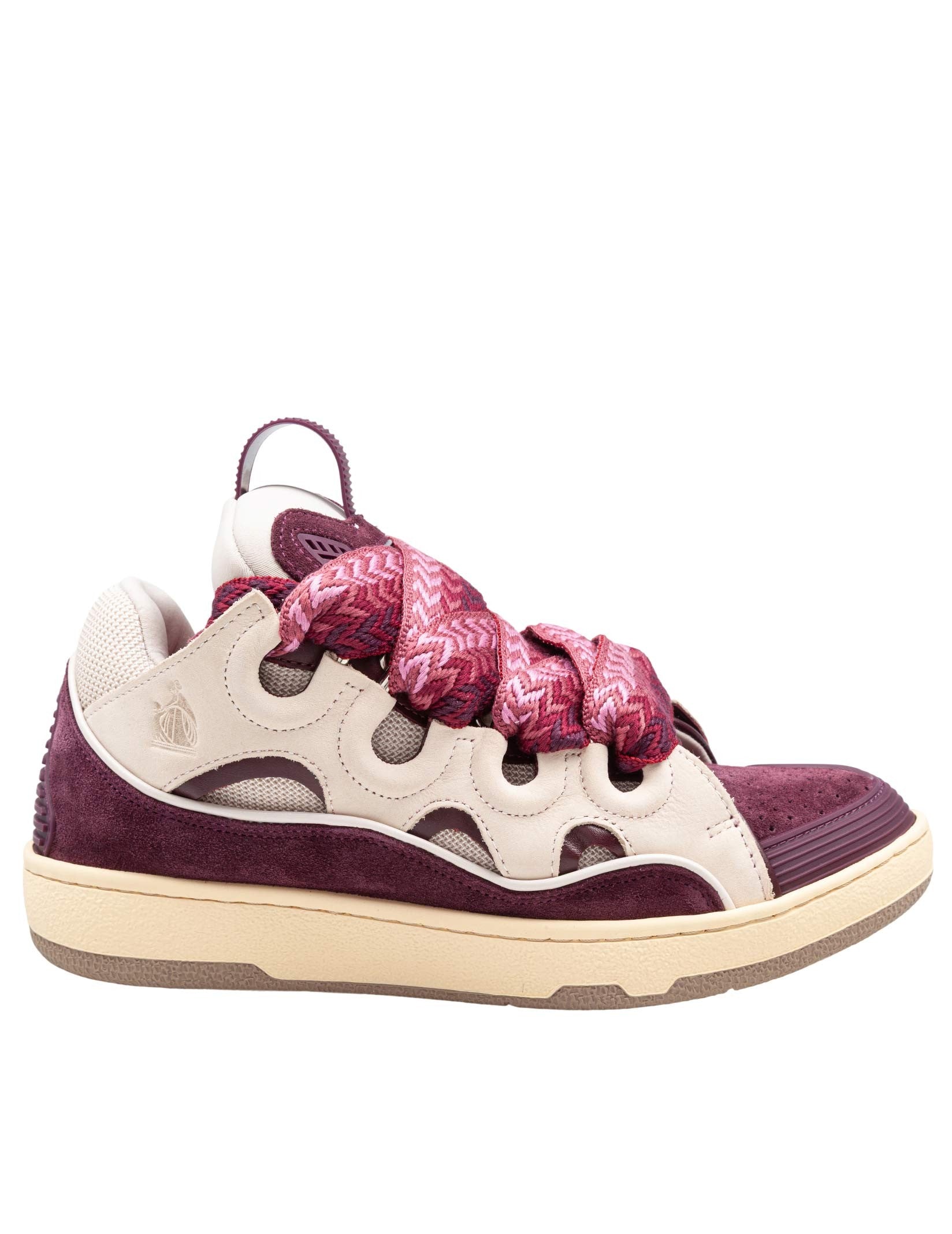 LANVIN CURB LEATHER AND FABRIC SNEAKERS IN BEIGE AND BURGUNDY