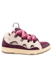 LANVIN CURB LEATHER AND FABRIC SNEAKERS IN BEIGE AND BURGUNDY