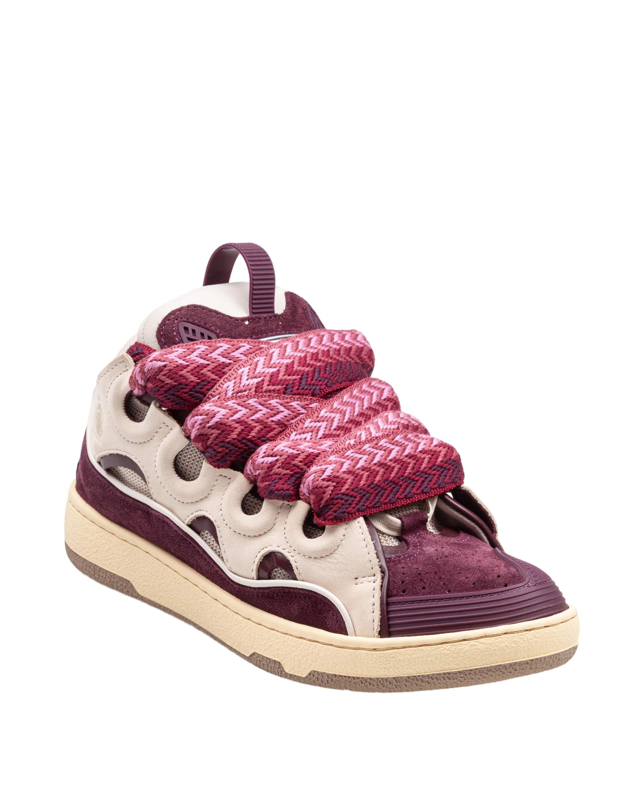 LANVIN CURB LEATHER AND FABRIC SNEAKERS IN BEIGE AND BURGUNDY