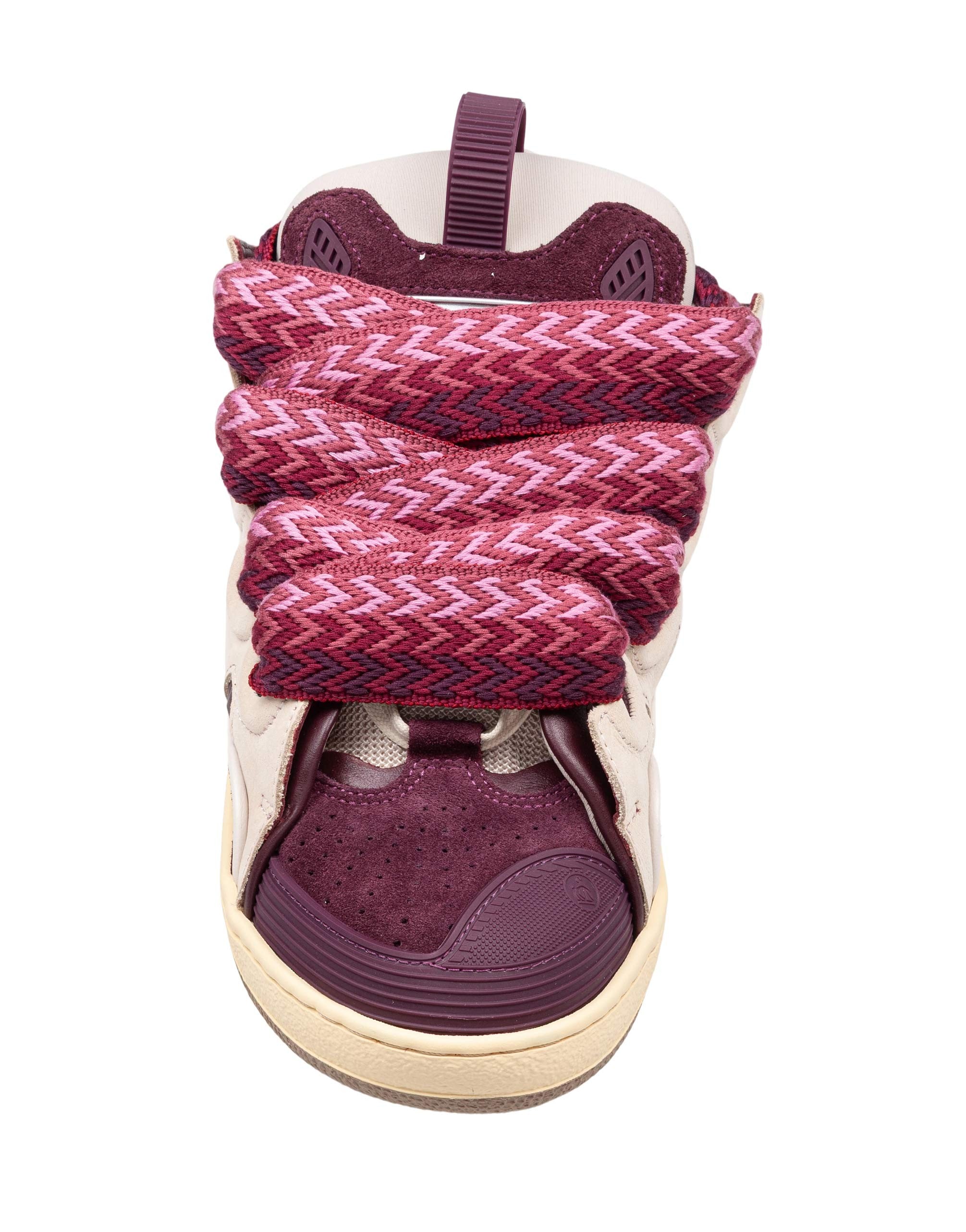 LANVIN CURB LEATHER AND FABRIC SNEAKERS IN BEIGE AND BURGUNDY