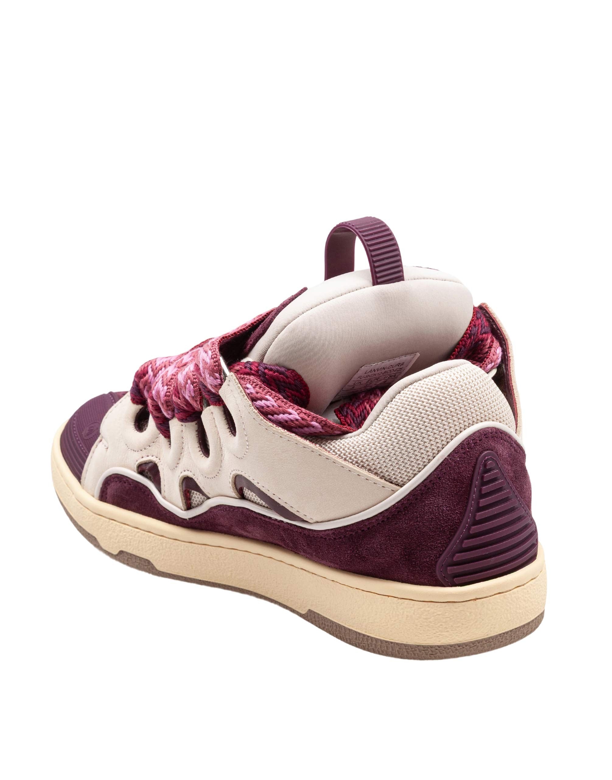 LANVIN CURB LEATHER AND FABRIC SNEAKERS IN BEIGE AND BURGUNDY