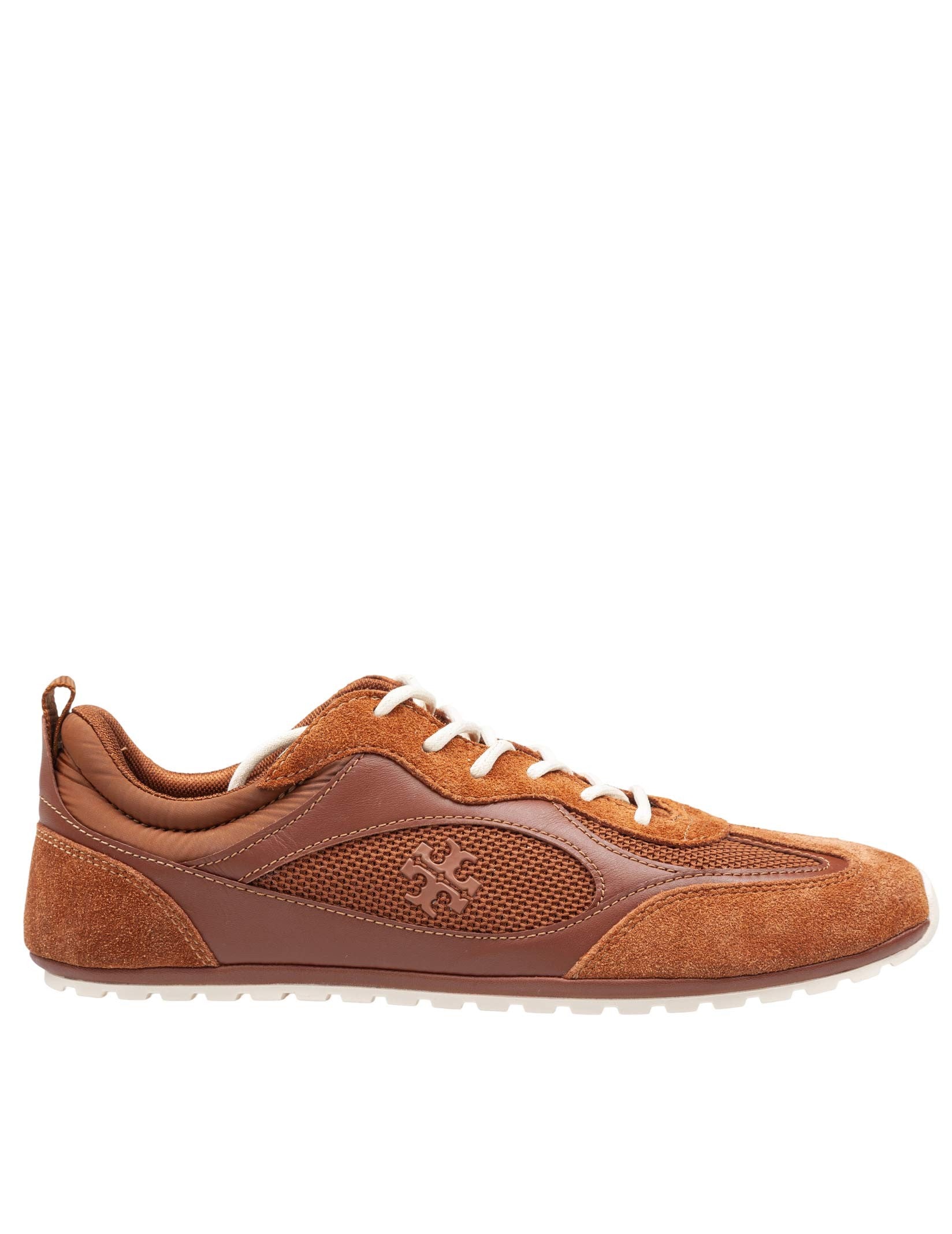 TORY BURCH FIELD SUEDE AND MESH SNEAKER IN COGNAC