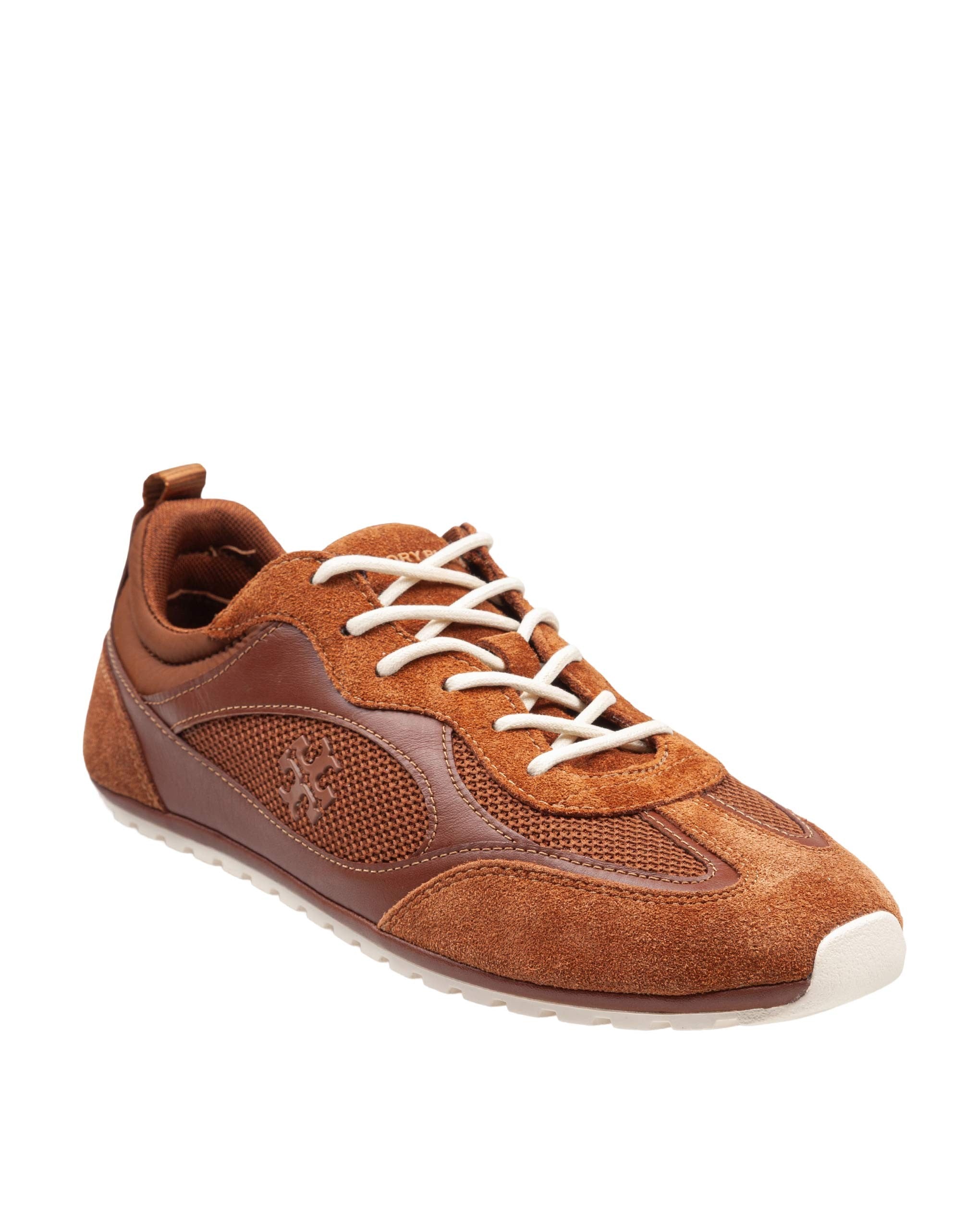 TORY BURCH FIELD SUEDE AND MESH SNEAKER IN COGNAC