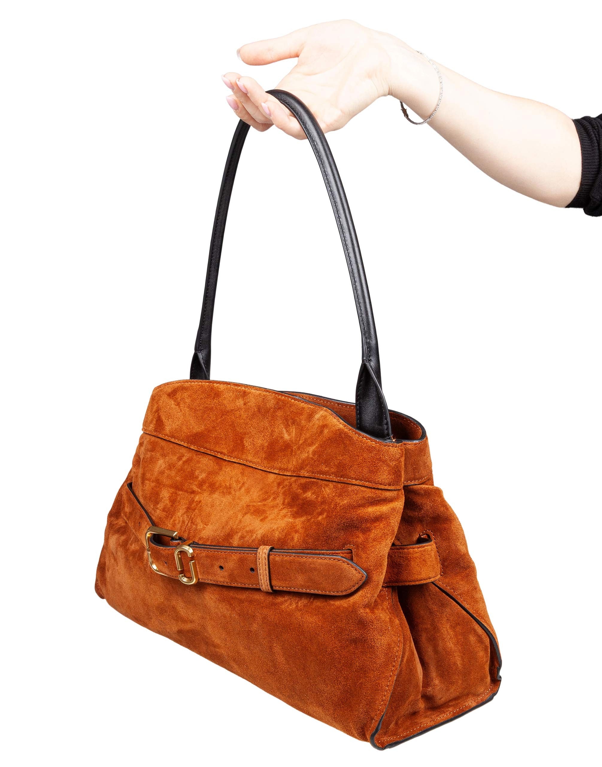 MARC JACOBS THE SATCHEL DAKOTA SUEDE SHOULDER BAG, TAN COLOR