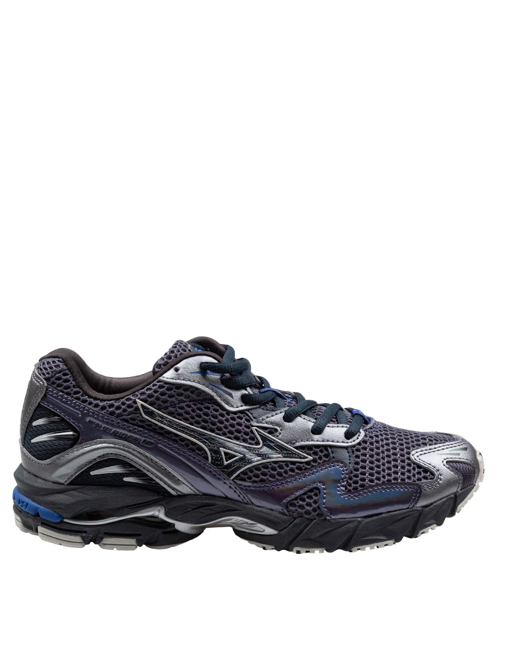 MIZUNO WAVE RIDER 10 MESH AND LEATHER SNEAKERS IN BLACK AND GREY