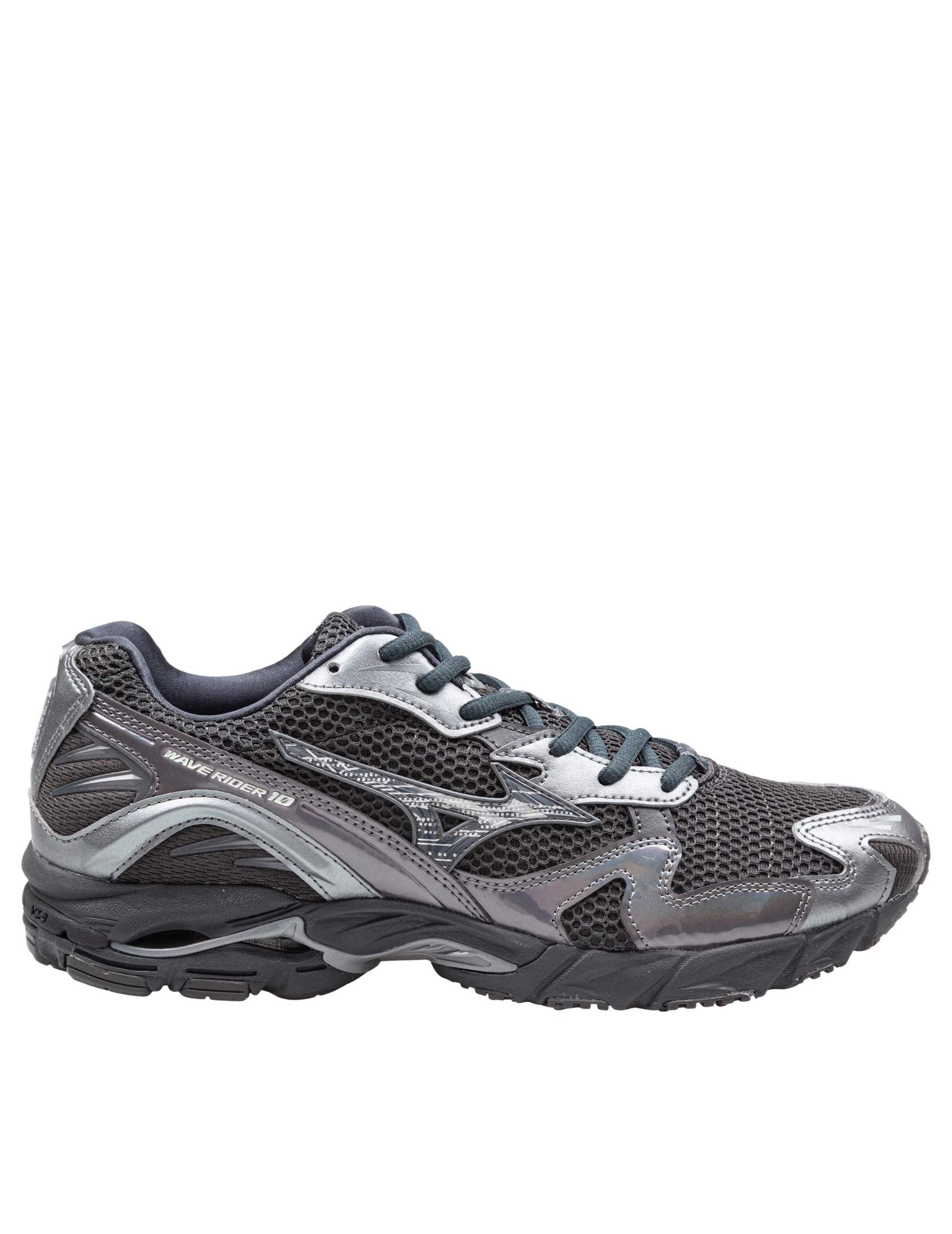 MIZUNO WAVE RIDER 10 MESH AND LEATHER SNEAKERS, BLACK/GREY