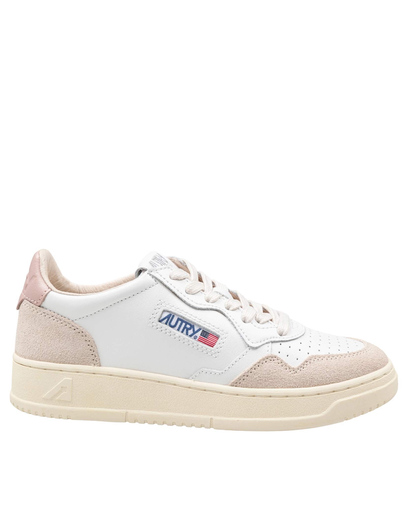AUTRY MEDALIST LOW LEATHER AND SUEDE SNEAKERS, WHITE AND PINK
