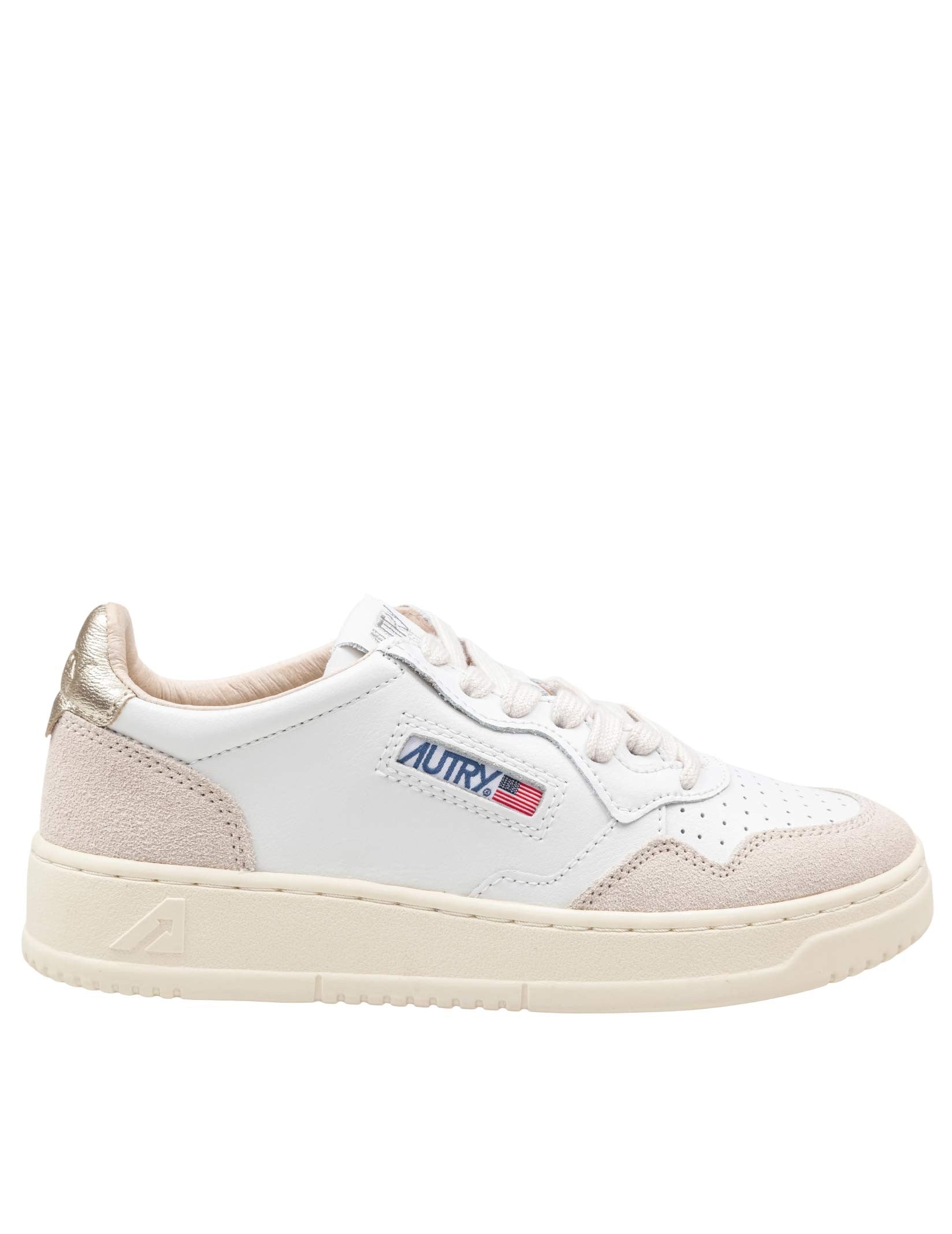 AUTRY MEDALIST LOW LEATHER AND SUEDE SNEAKERS IN WHITE AND GOLD