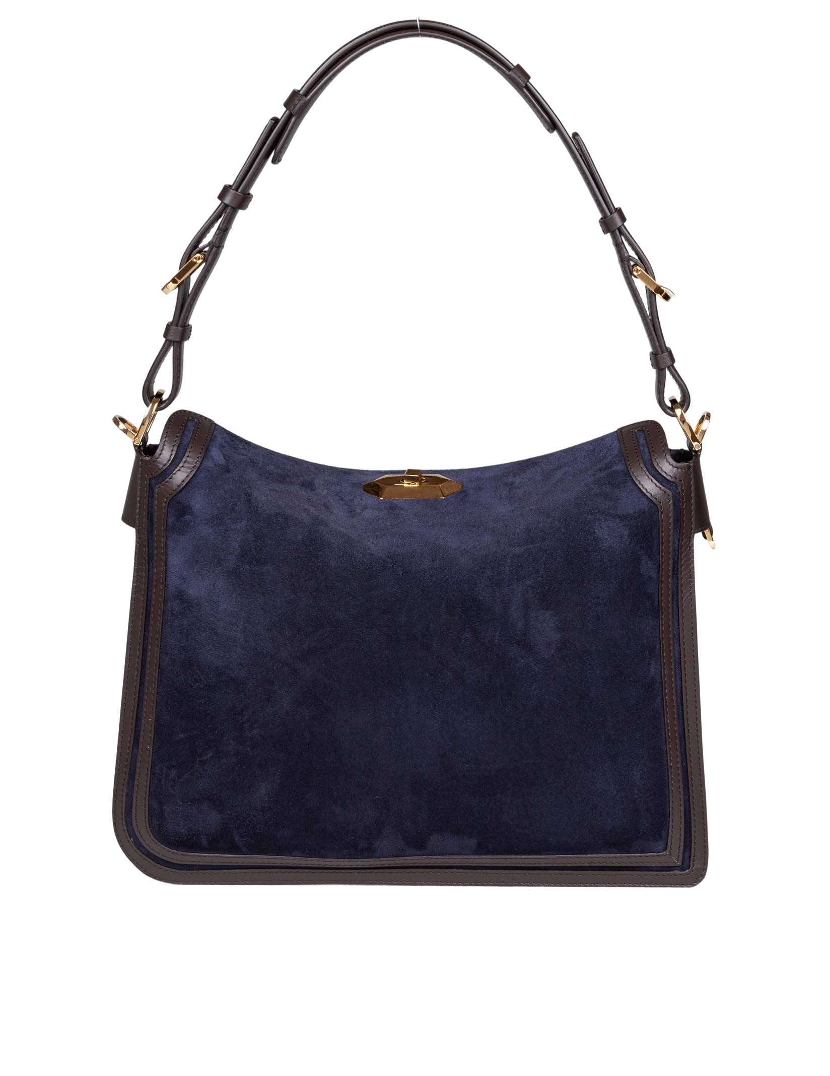 LANVIN COMPAGNON SUEDE SHOULDER BAG, BLUE AND BROWN