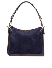 LANVIN COMPAGNON SUEDE SHOULDER BAG, BLUE AND BROWN