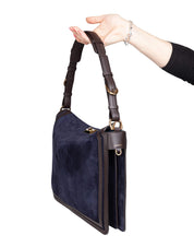 LANVIN COMPAGNON SUEDE SHOULDER BAG, BLUE AND BROWN