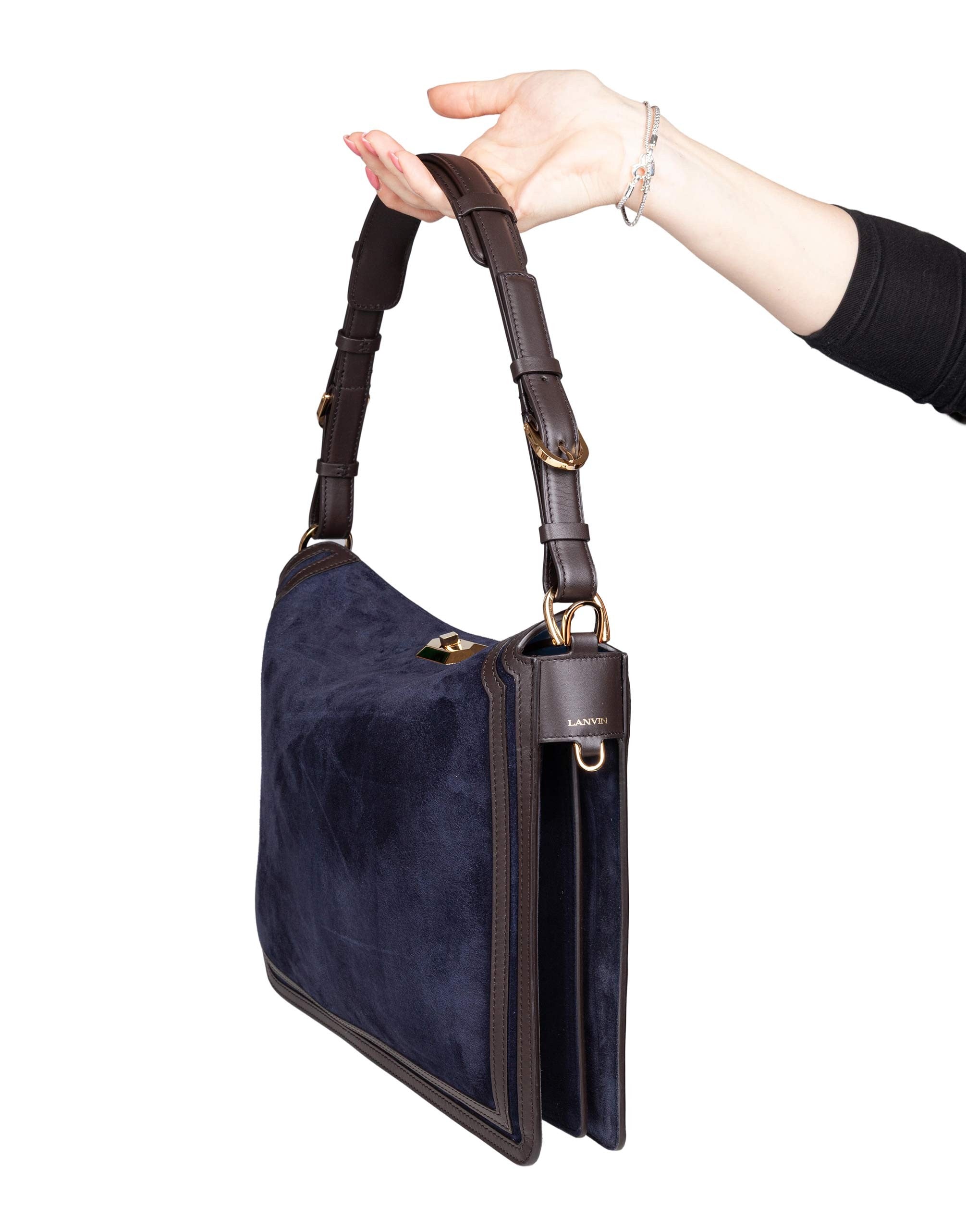 LANVIN COMPAGNON SUEDE SHOULDER BAG, BLUE AND BROWN