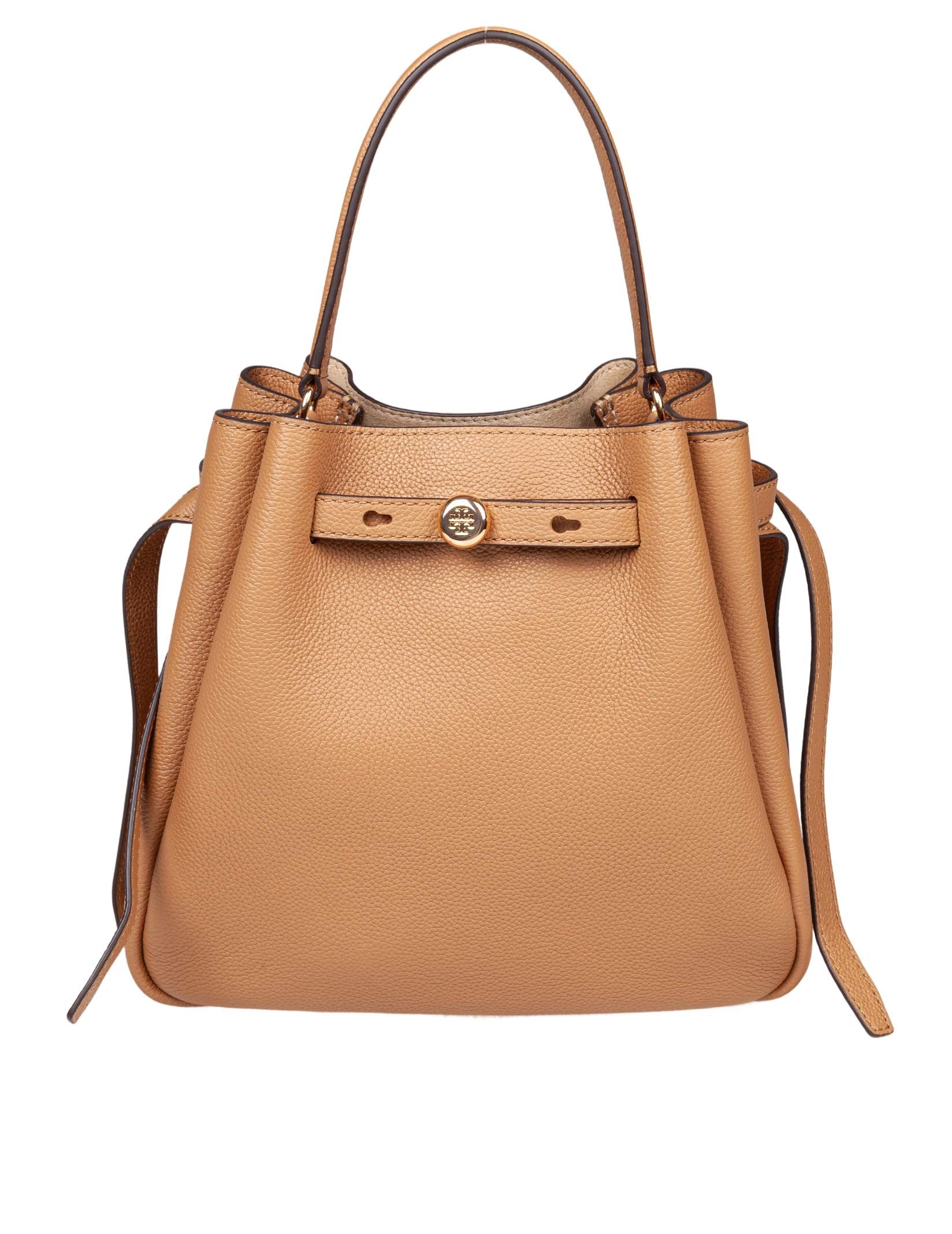 TORY BURCH ROMY HAMMERED LEATHER BUCKET BAG TIRAMISU COLOR