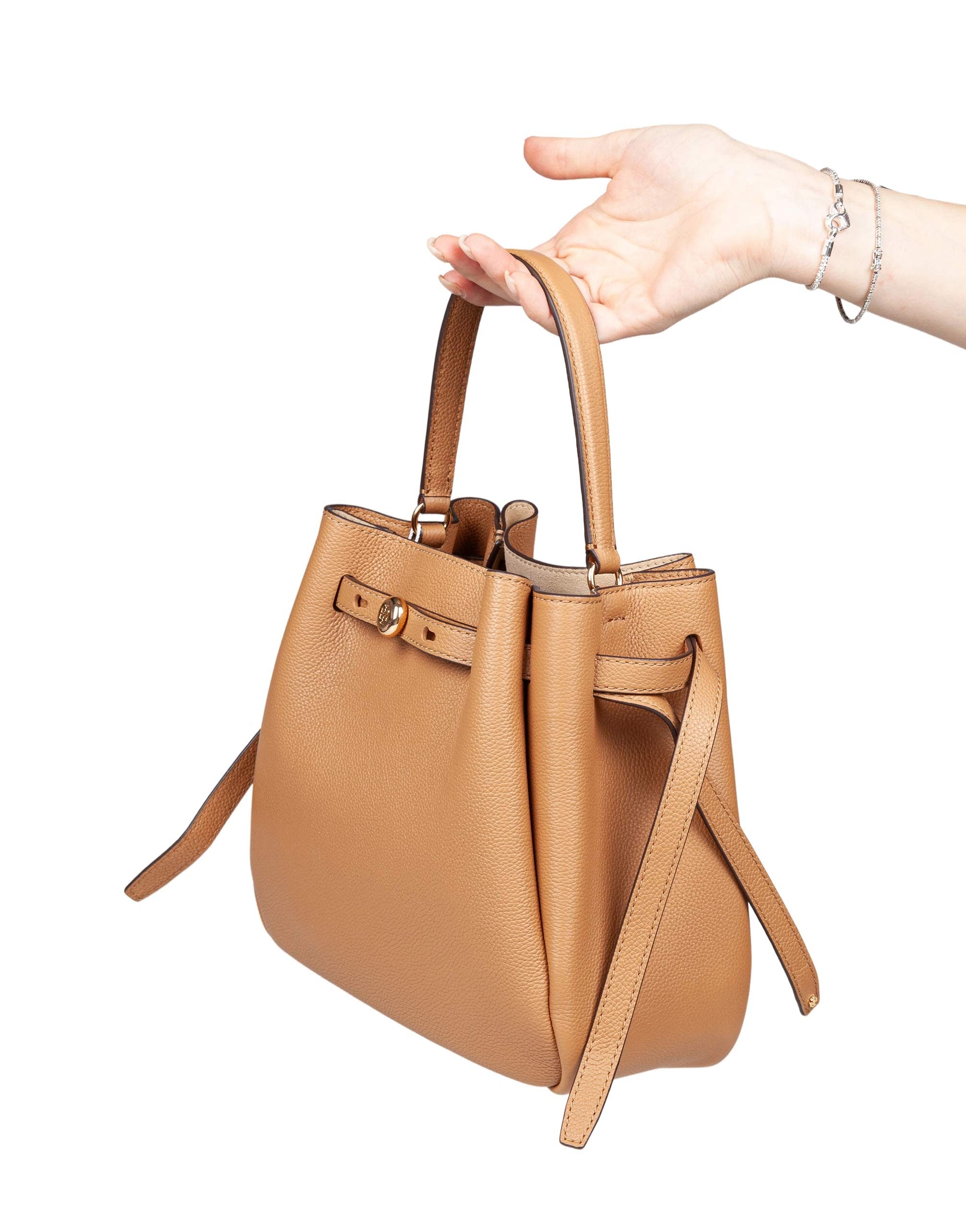 TORY BURCH ROMY HAMMERED LEATHER BUCKET BAG TIRAMISU COLOR