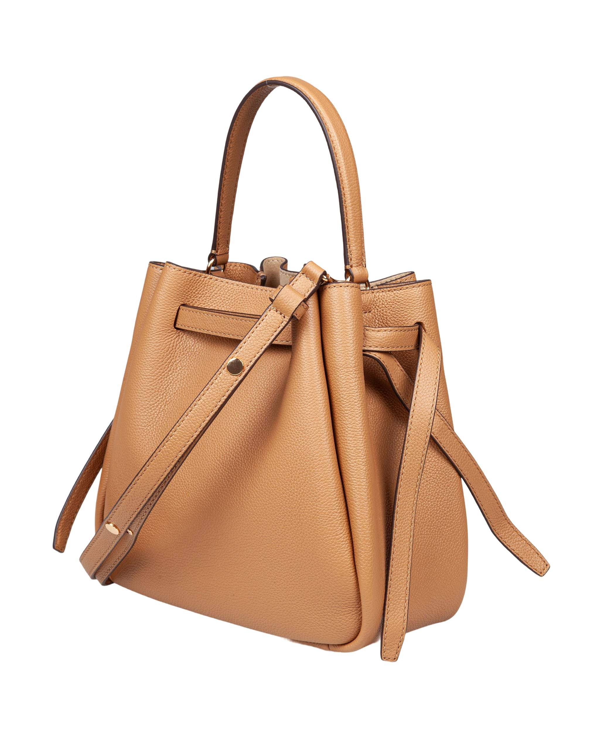 TORY BURCH ROMY HAMMERED LEATHER BUCKET BAG TIRAMISU COLOR