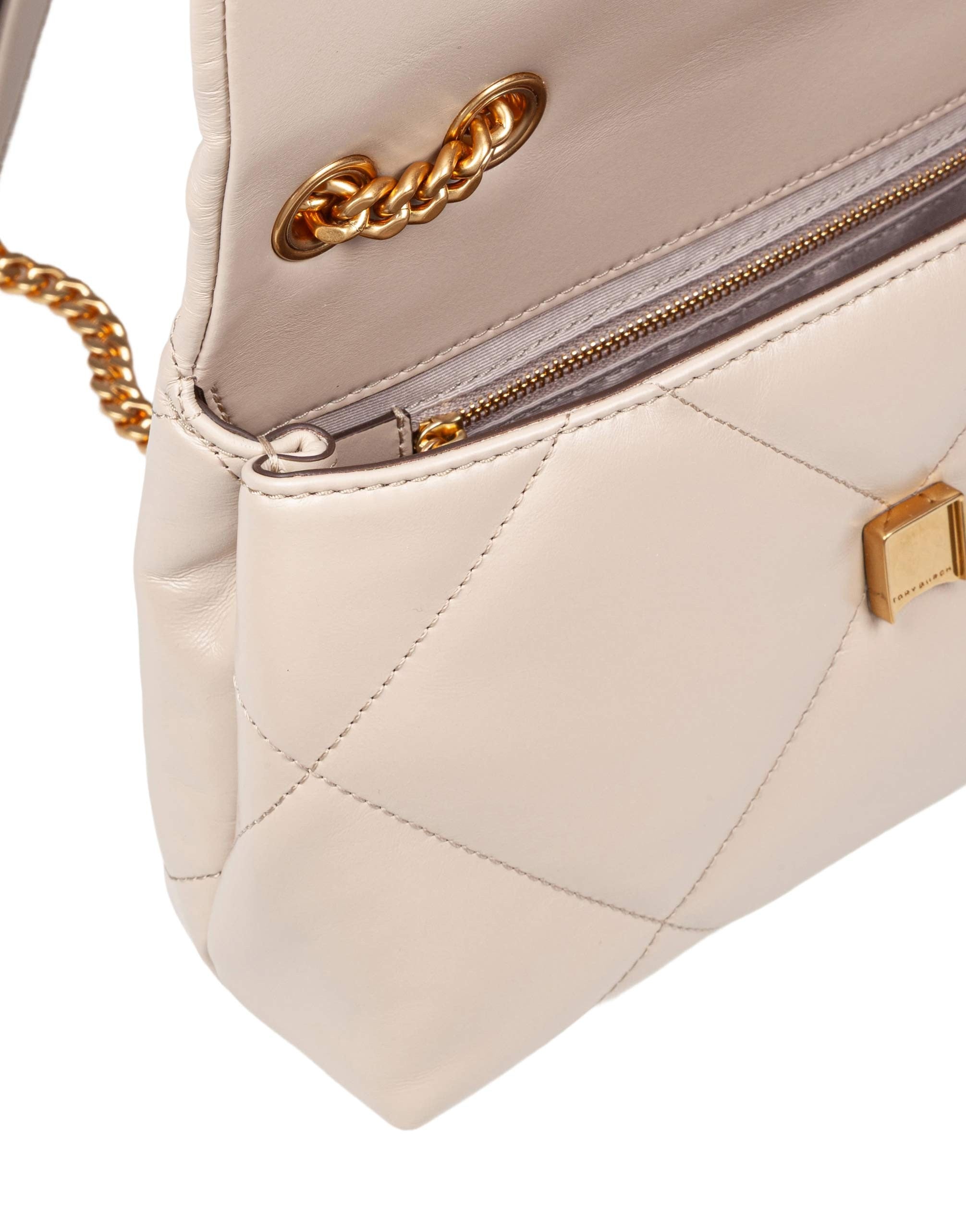 TORY BURCH KIRA SMALL DIAMOND QUILTED BAG IN LIGHT STONE