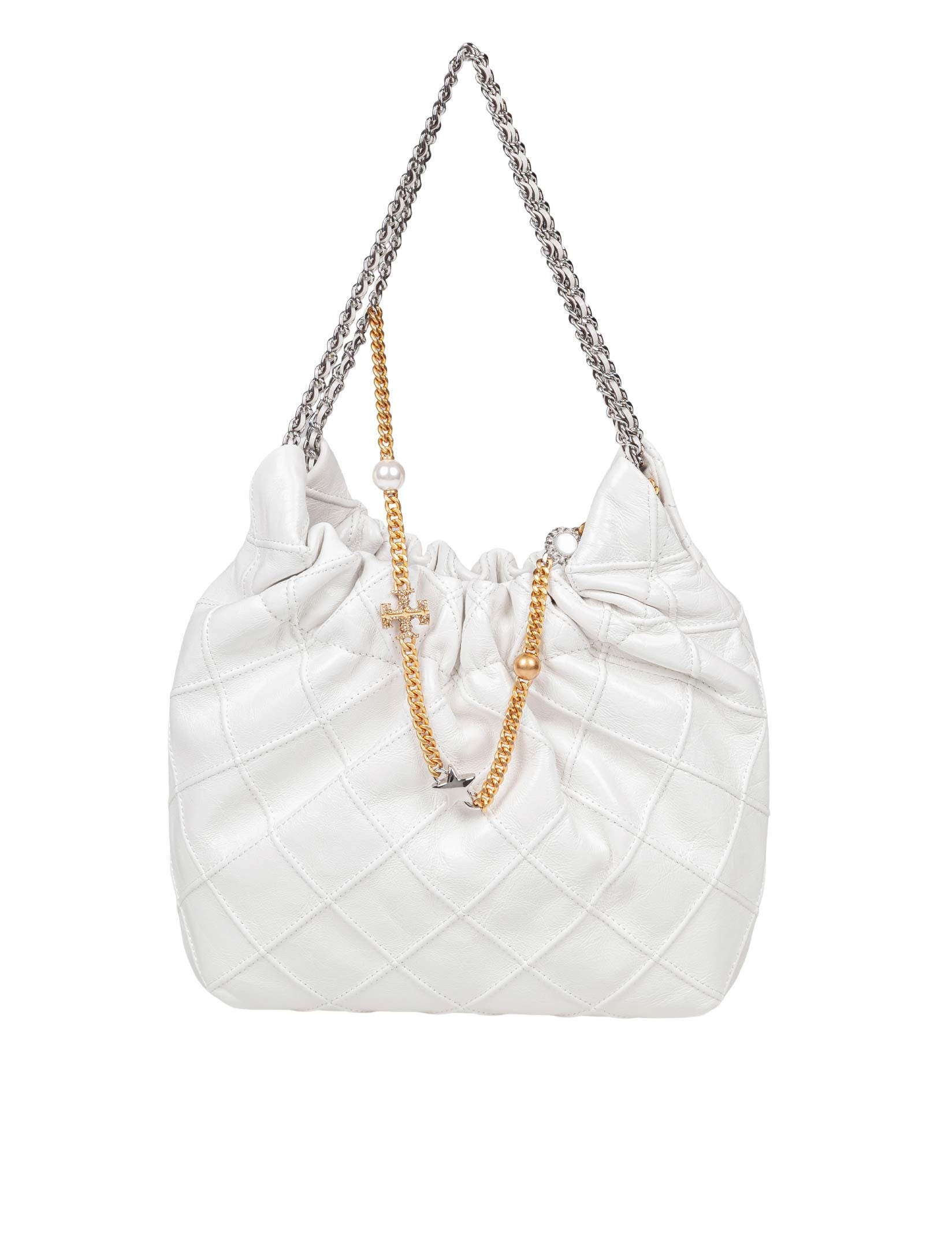 TORY BURCH MINI FLEMING NAPPA HOBO BAG, WHITE