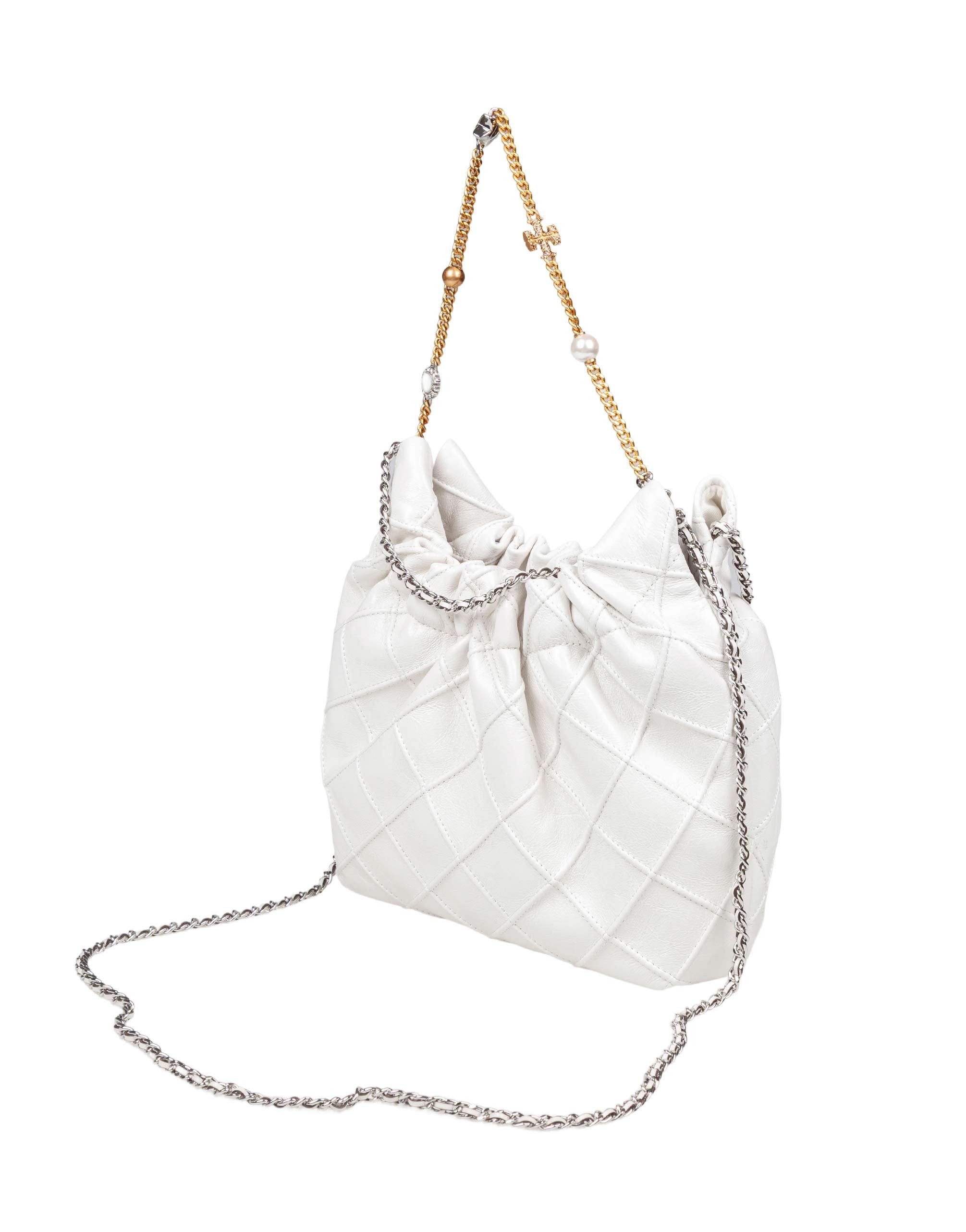 TORY BURCH MINI FLEMING NAPPA HOBO BAG, WHITE