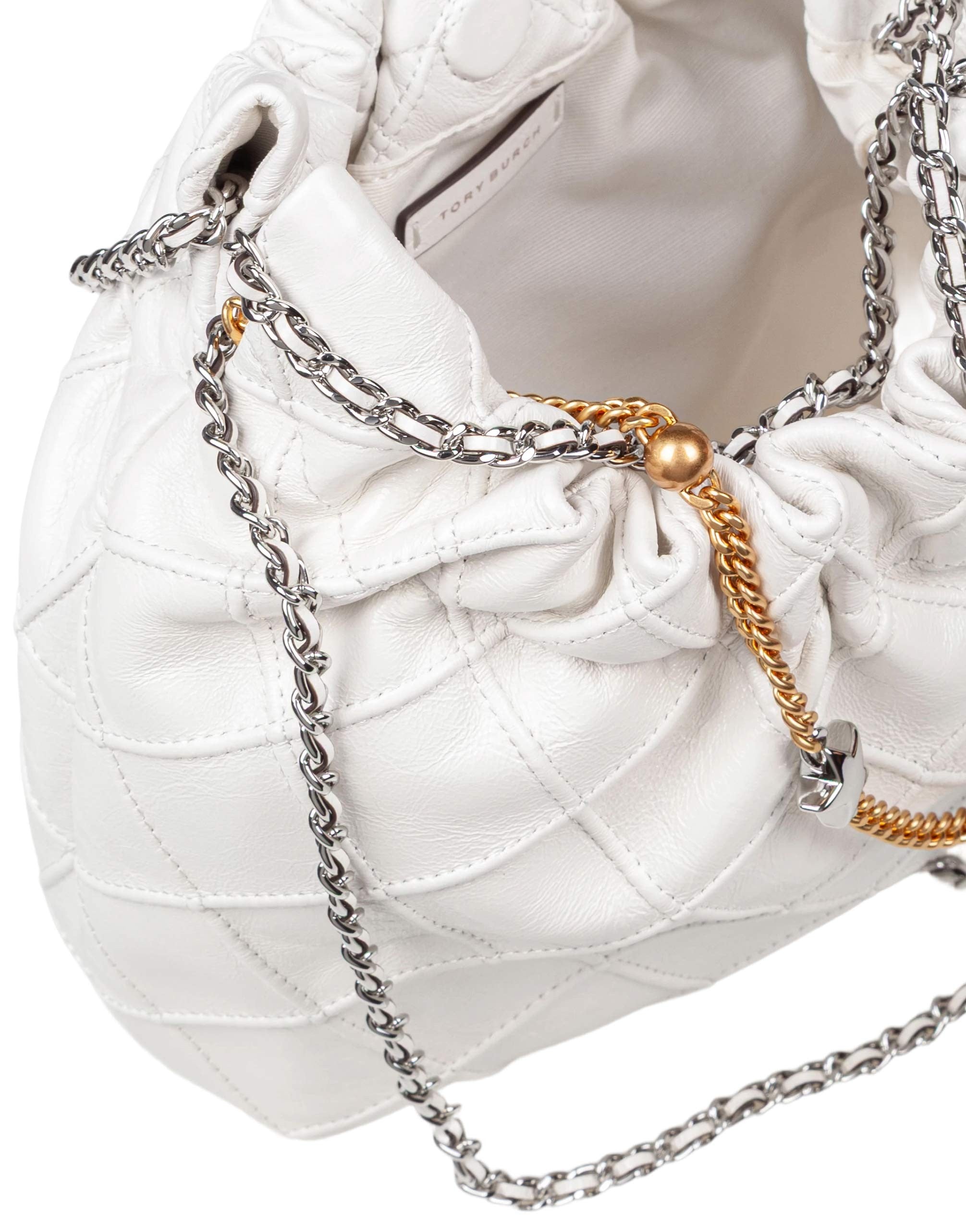 TORY BURCH MINI FLEMING NAPPA HOBO BAG, WHITE
