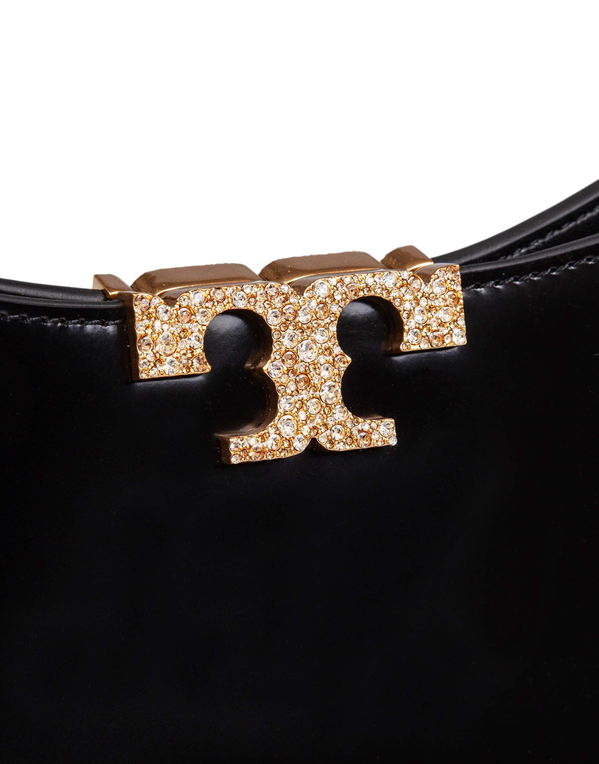 TORY BURCH ELEANOR PAVE SLIM SMOOTH LEATHER SHOULDER BAG, BLACK