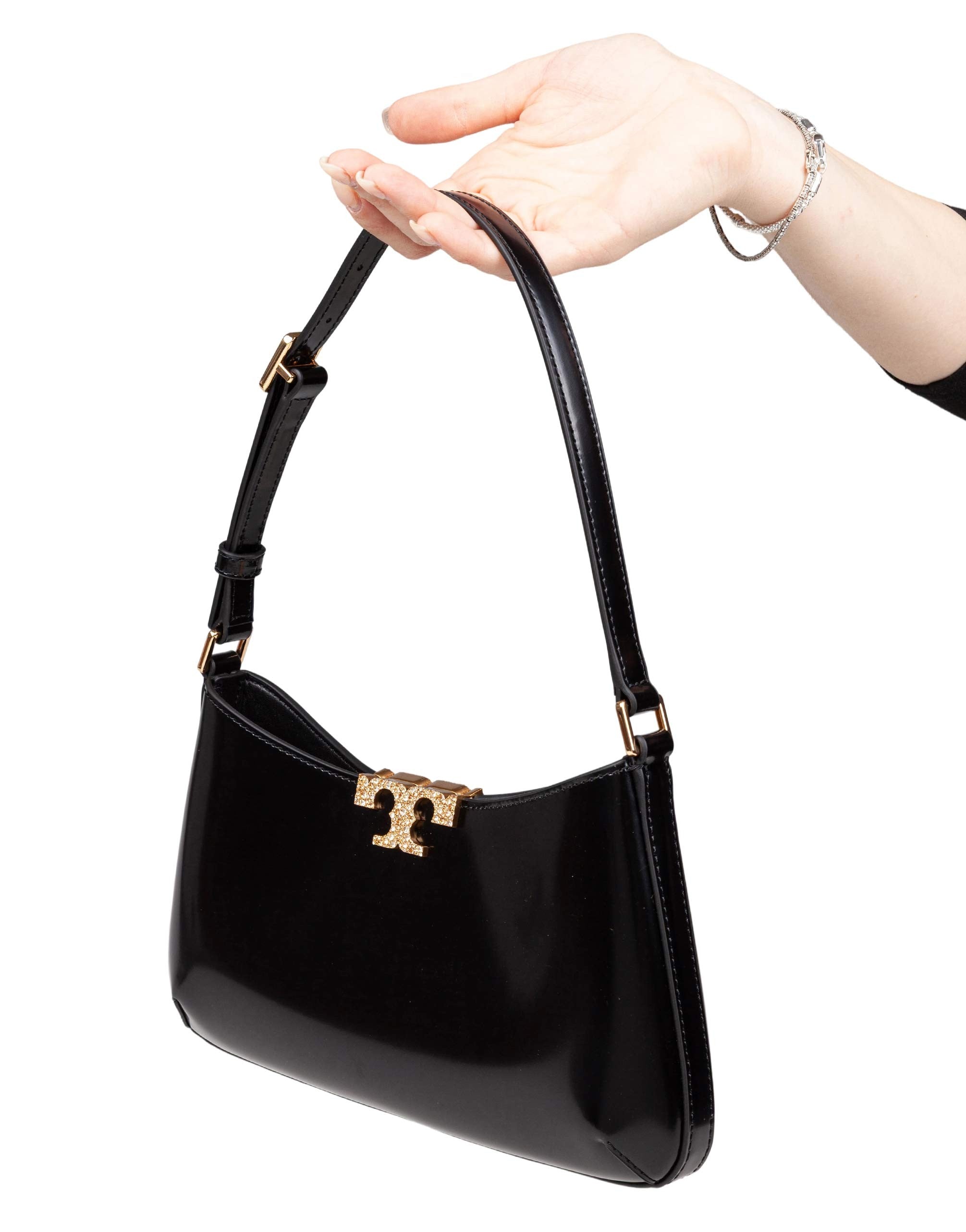 TORY BURCH ELEANOR PAVE SLIM SMOOTH LEATHER SHOULDER BAG, BLACK
