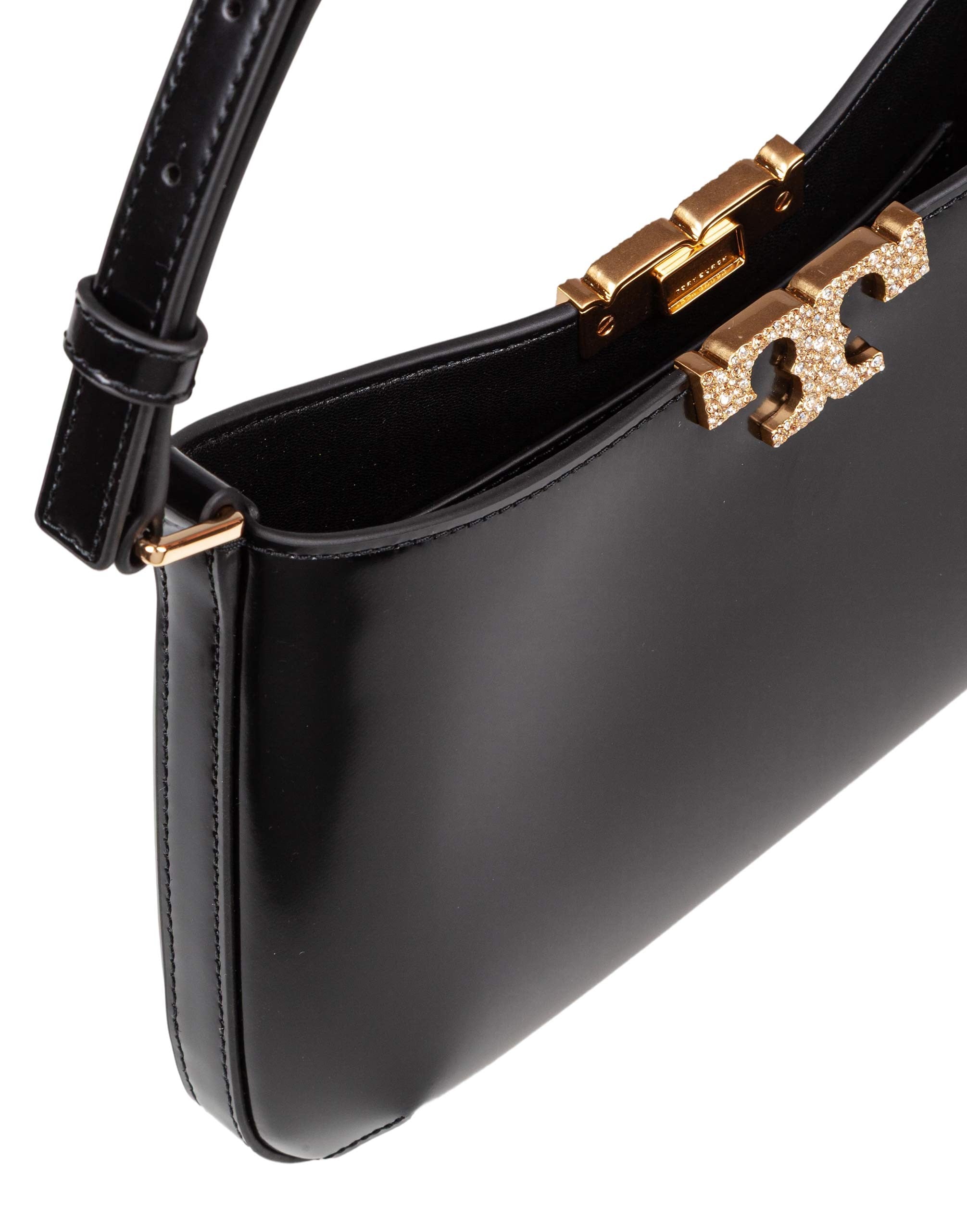 TORY BURCH ELEANOR PAVE SLIM SMOOTH LEATHER SHOULDER BAG, BLACK