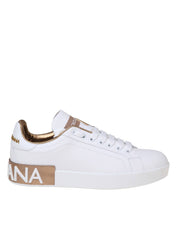 DOLCE & GABBANA SNEAKERS PORTOFINO IN PELLE BIANCA CON LOGO ORO