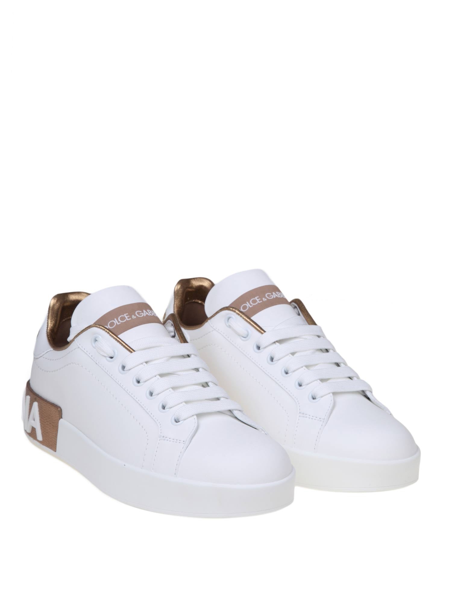 DOLCE & GABBANA SNEAKERS PORTOFINO IN PELLE BIANCA CON LOGO ORO