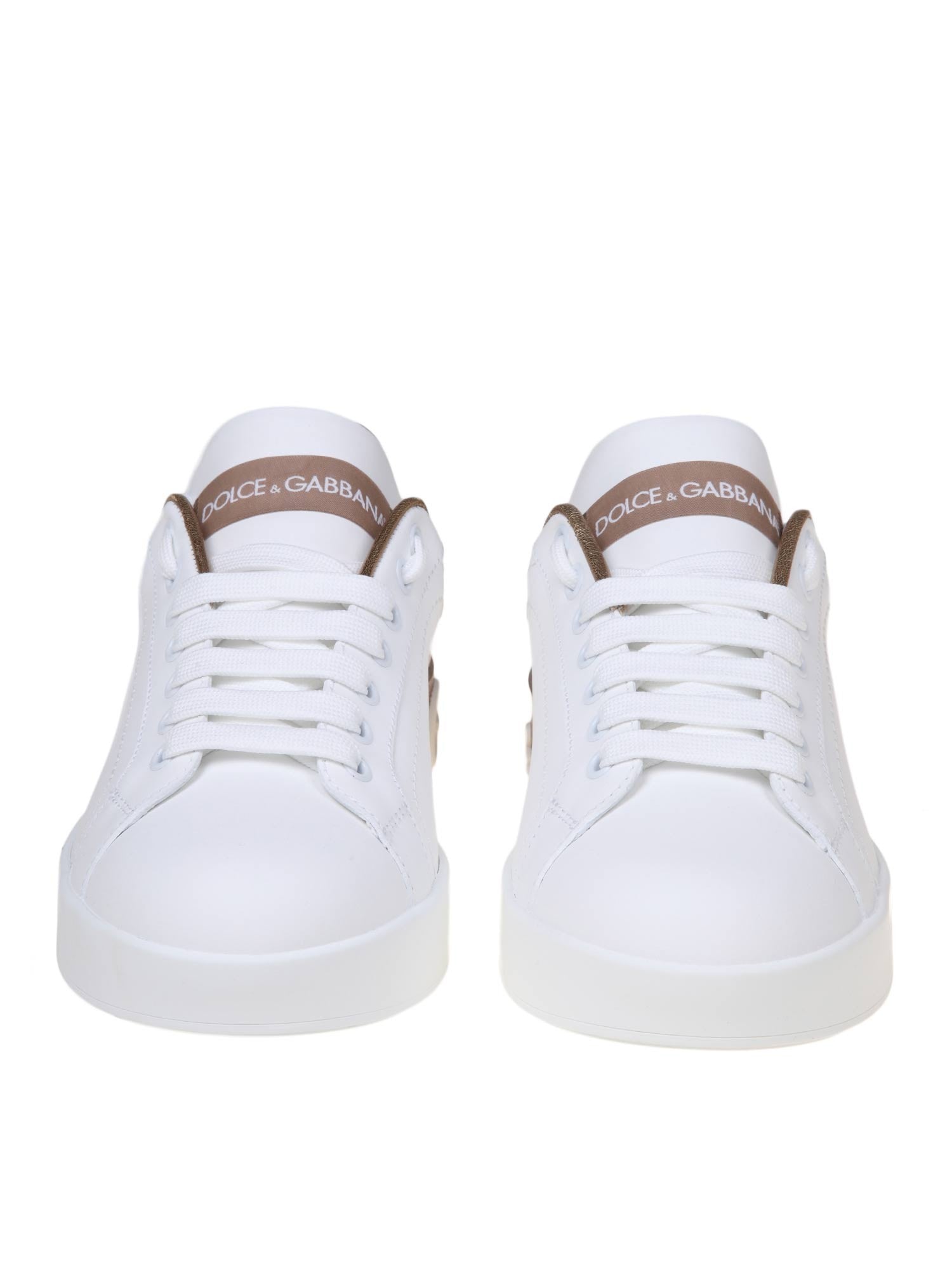 DOLCE & GABBANA SNEAKERS PORTOFINO IN PELLE BIANCA CON LOGO ORO