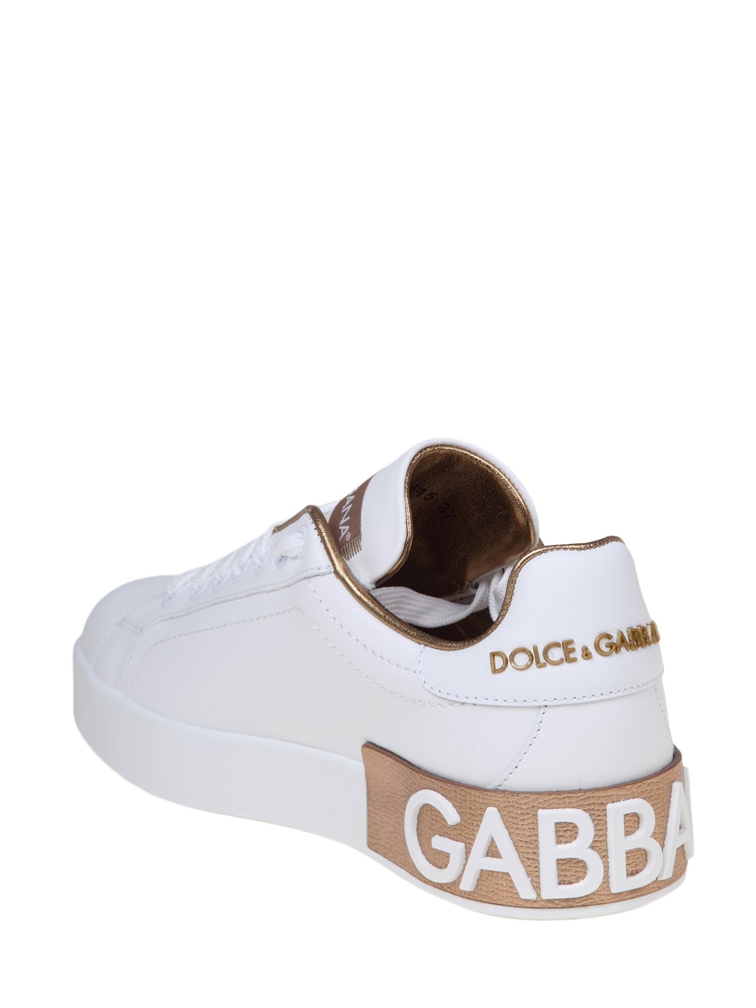 DOLCE & GABBANA SNEAKERS PORTOFINO IN PELLE BIANCA CON LOGO ORO