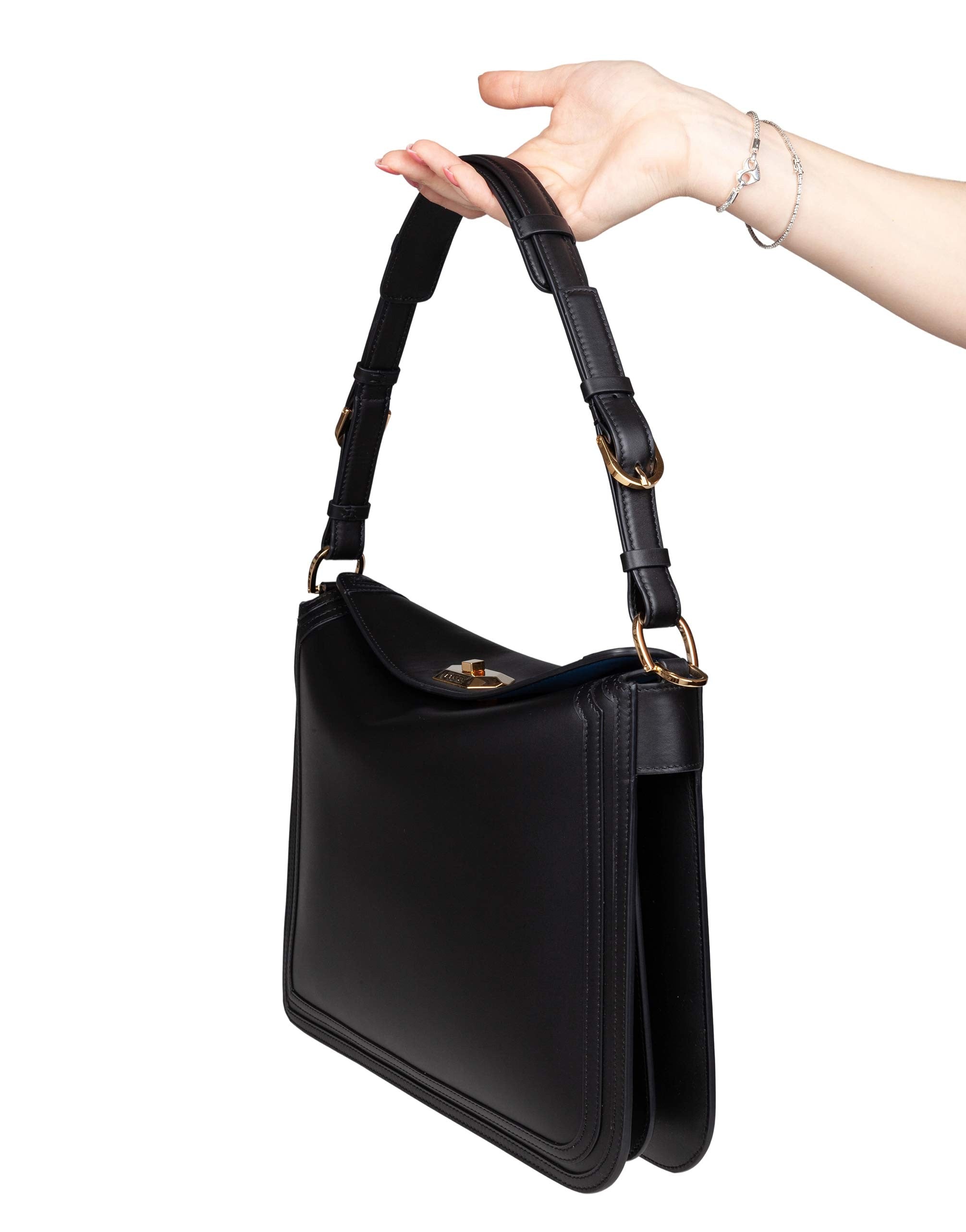 LANVIN COMPAGNON LEATHER SHOULDER BAG, BLACK