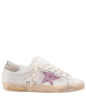 GOLDEN GOOSE SUPER STAR NAPPA LEATHER SNEAKERS IN WHITE WITH PINK STAR