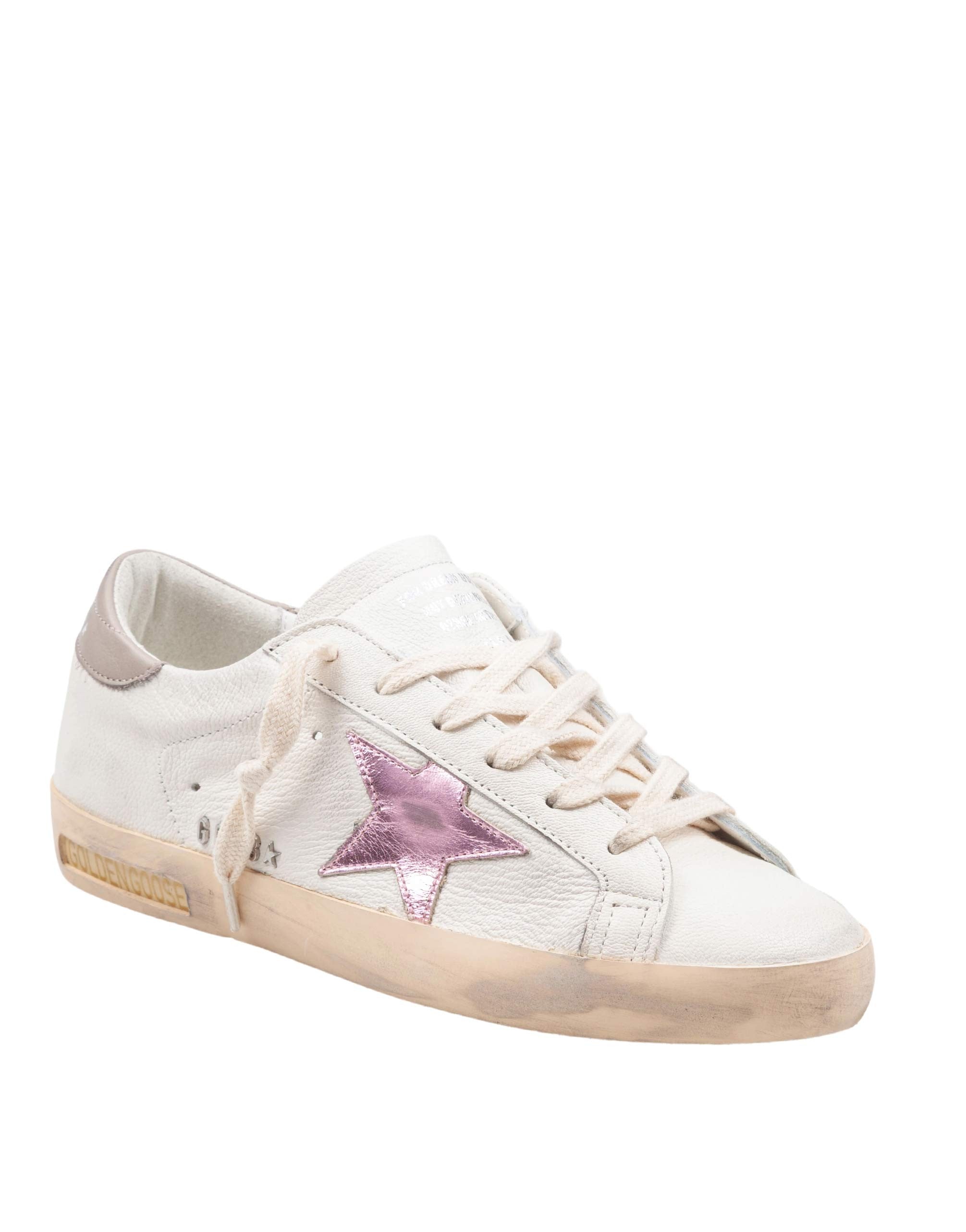 GOLDEN GOOSE SUPER STAR NAPPA LEATHER SNEAKERS IN WHITE WITH PINK STAR