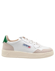 AUTRY MEDALIST LOW LEATHER AND SUEDE SNEAKERS, WHITE AND GREEN