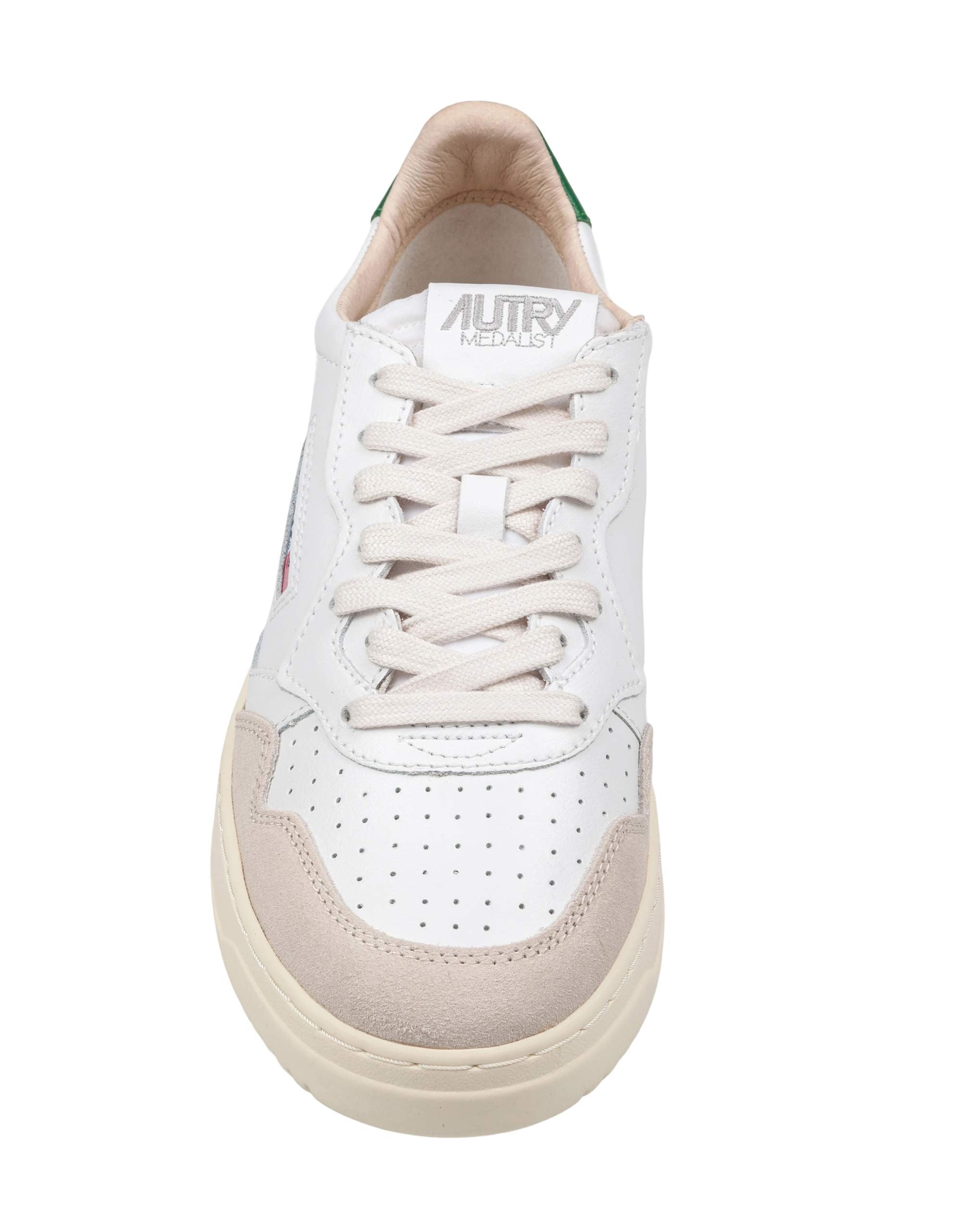 AUTRY MEDALIST LOW LEATHER AND SUEDE SNEAKERS, WHITE AND GREEN