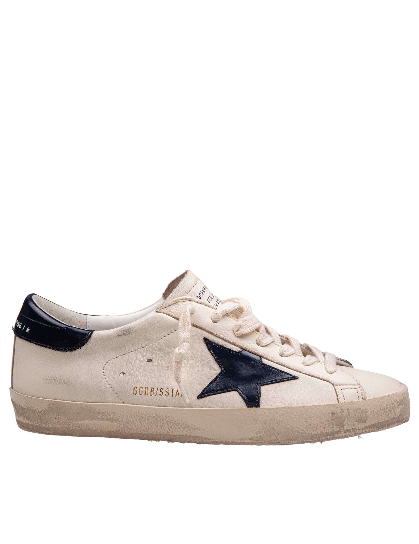 GOLDEN GOOSE SUPER-STAR SNEAKERS IN BEIGE AND MIDNIGHT BLUE LEATHER