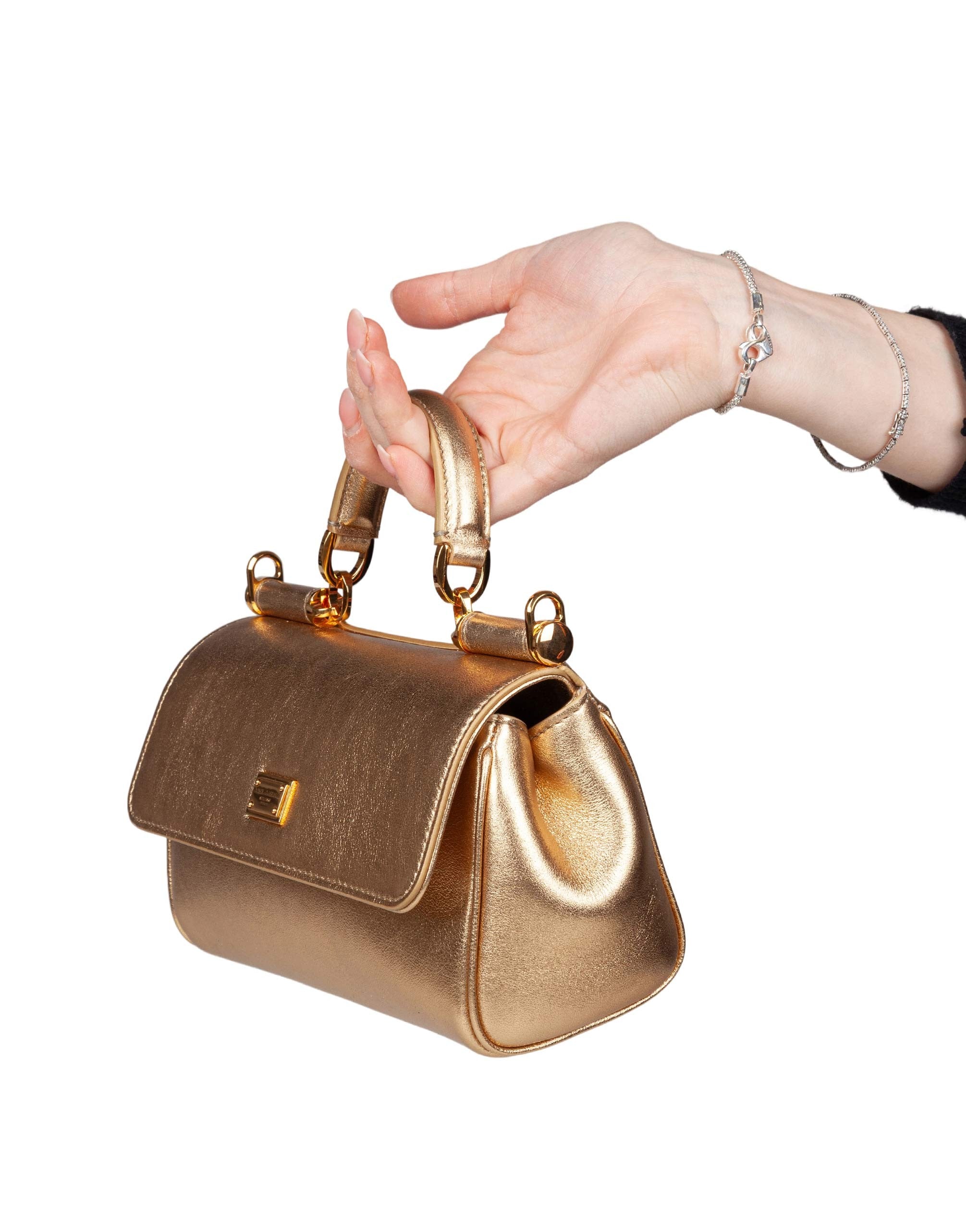DOLCE & GABBANA MY SICILY HANDBAG IN LAMINATED LEATHER, GOLD COLOR