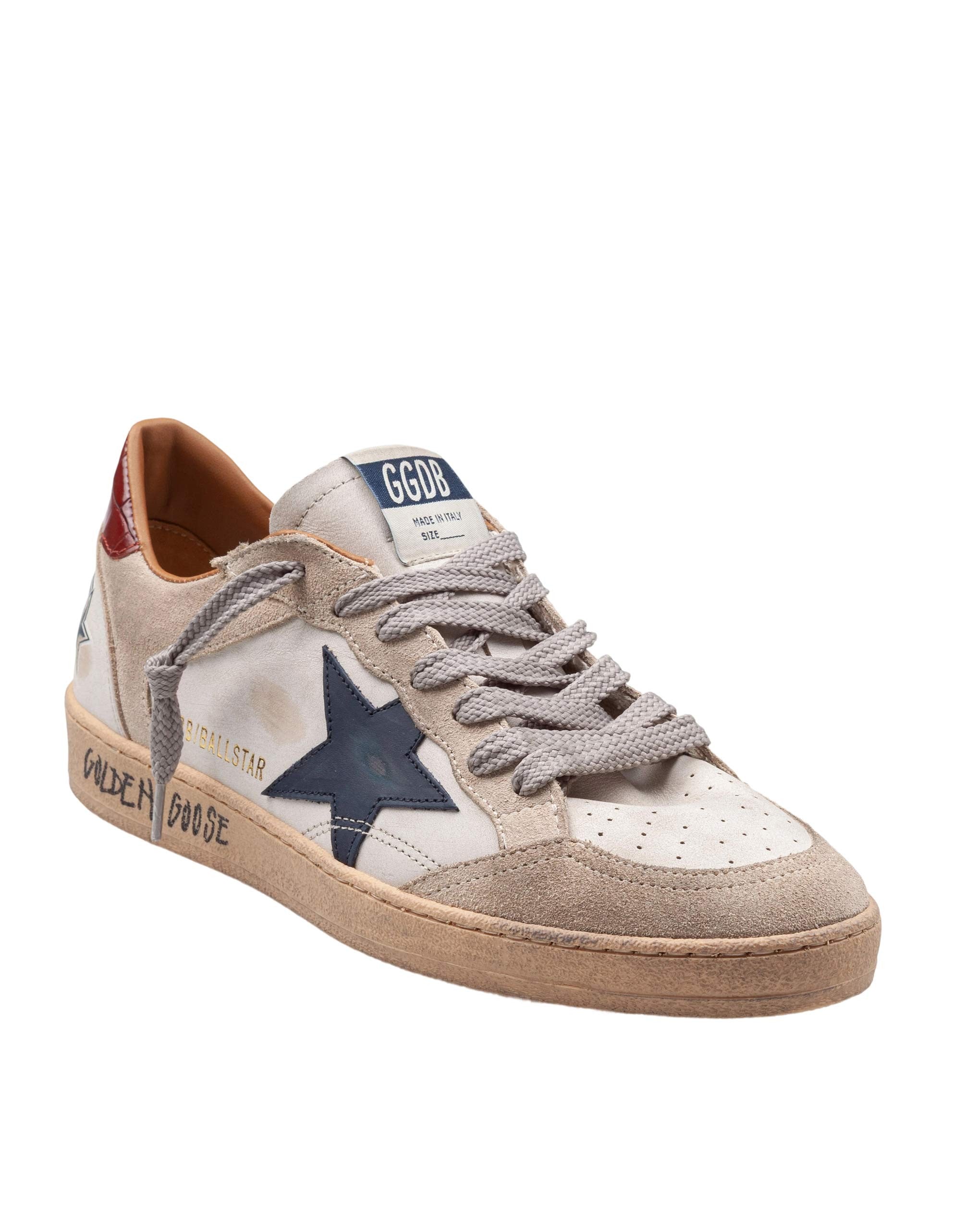 GOLDEN GOOSE BALLSTAR DOUBLE QUARTER WHITE FOLDER LEATHER AND SUEDE SNEAKERS, WHITE/BEIGE