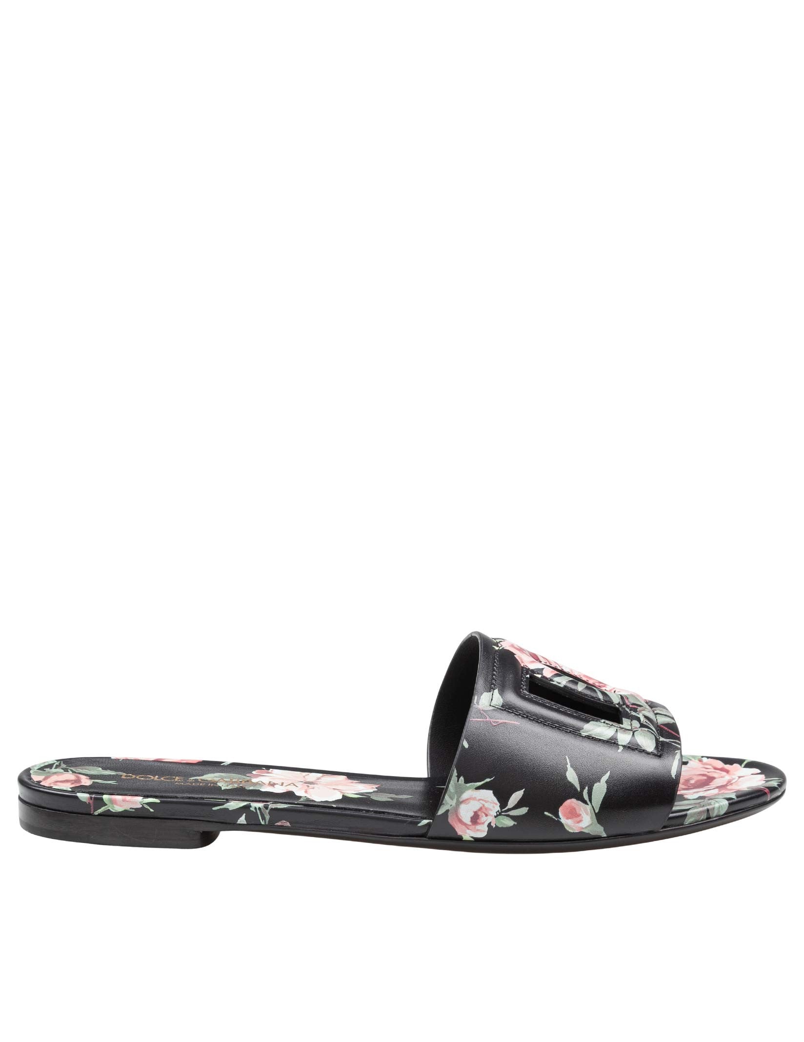 DOLCE & GABBANA MULTICOLOR LEATHER FLAT SLIPPER WITH ROSE PRINT